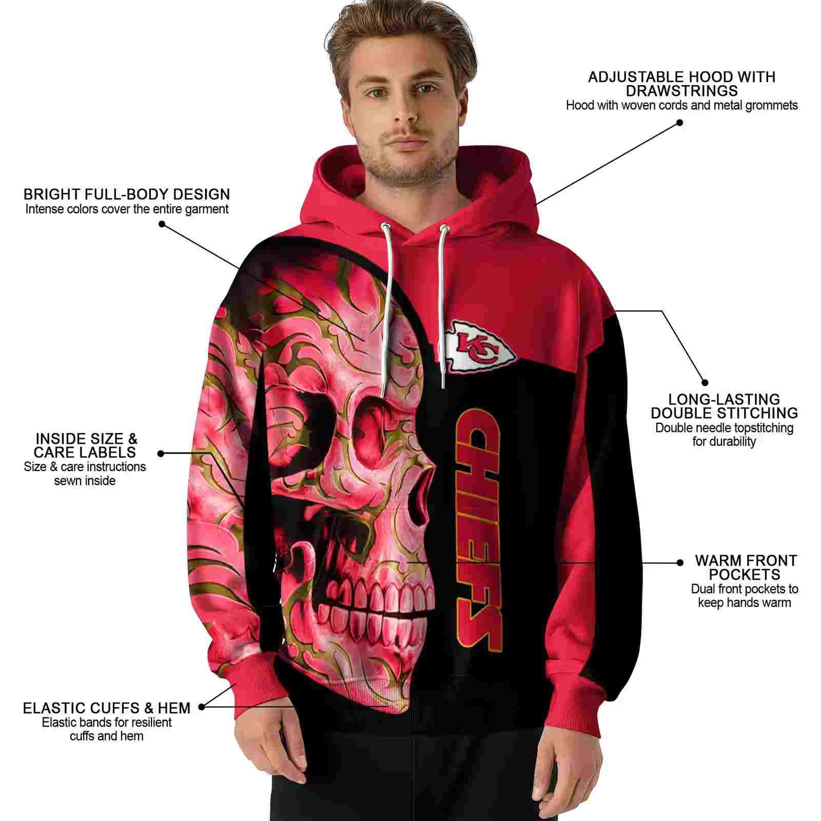 kansas city chiefs skull motif red black hoodie latest model