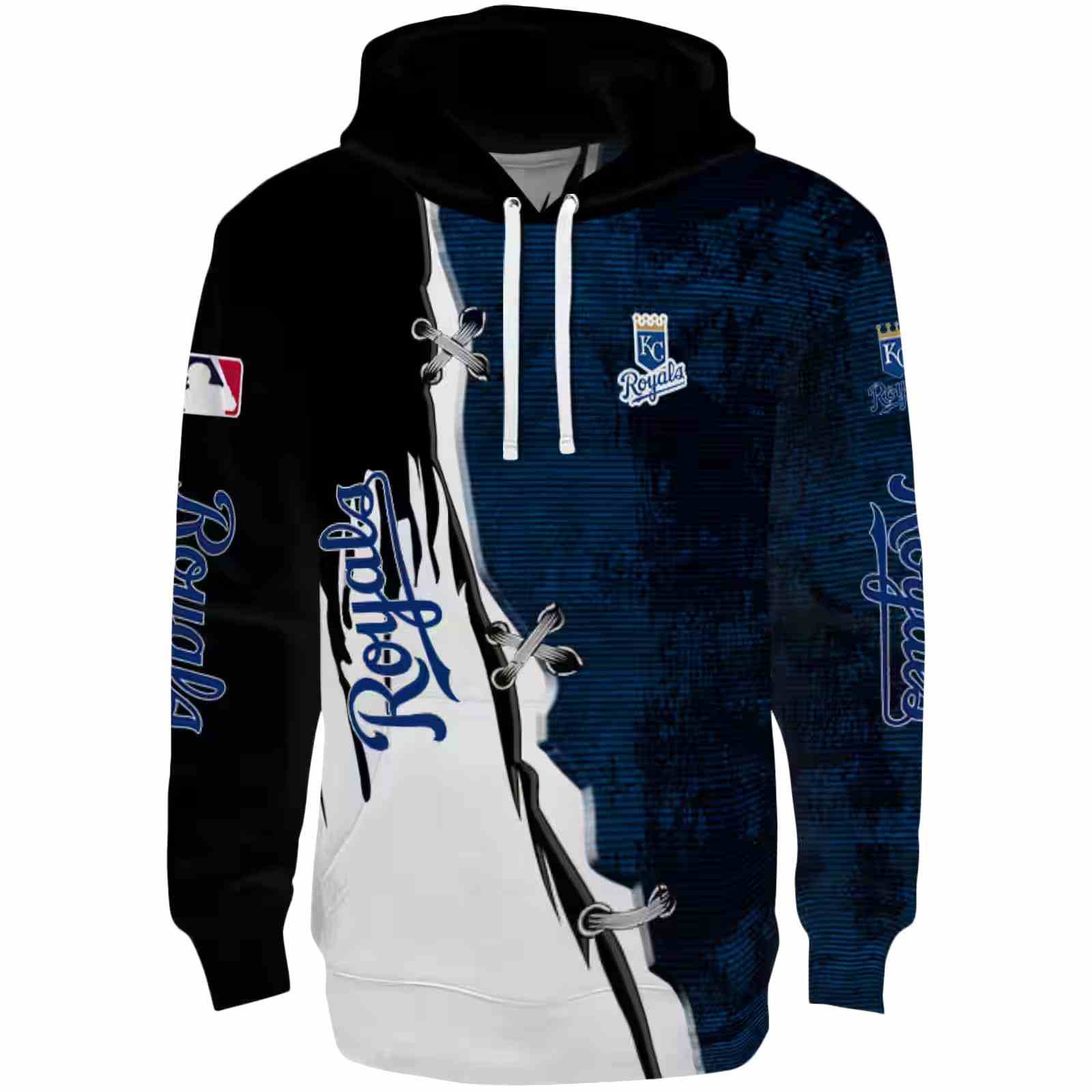 Kansas City Royals Ripped Pattern Royal Blue Black White Hoodie