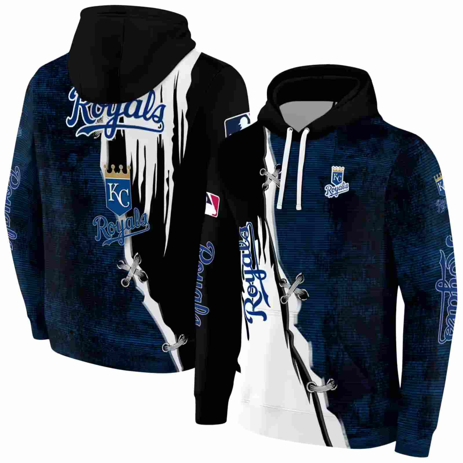 kansas city royals ripped pattern royal blue black white hoodie fashion forward