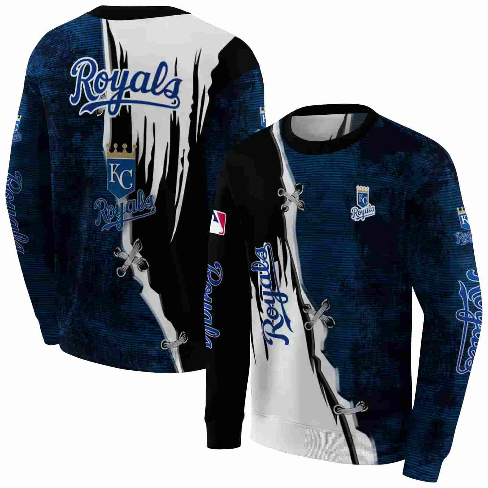 kansas city royals ripped pattern royal blue black white hoodie premium grade