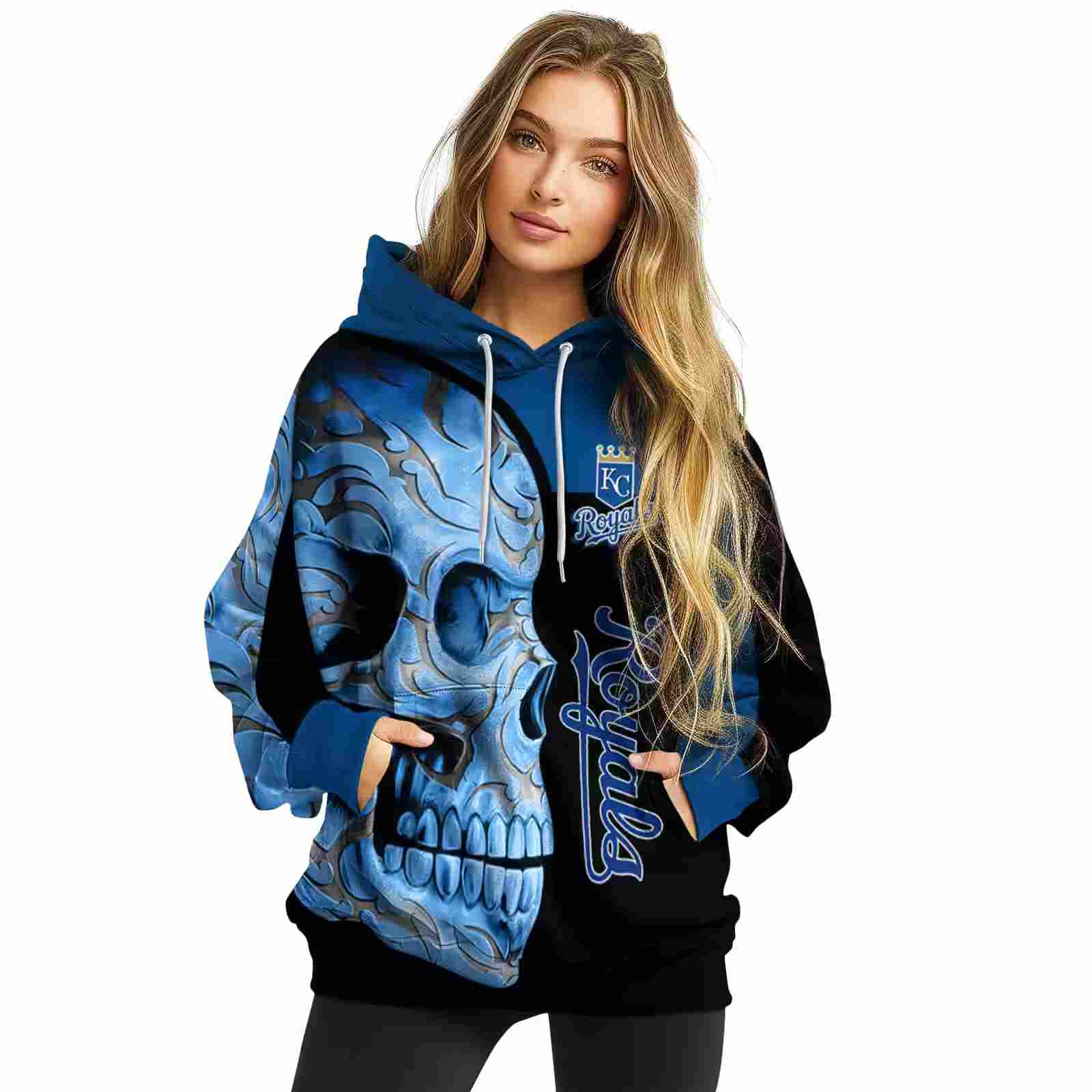 kansas city royals skull motif royal blue black hoodie high quality