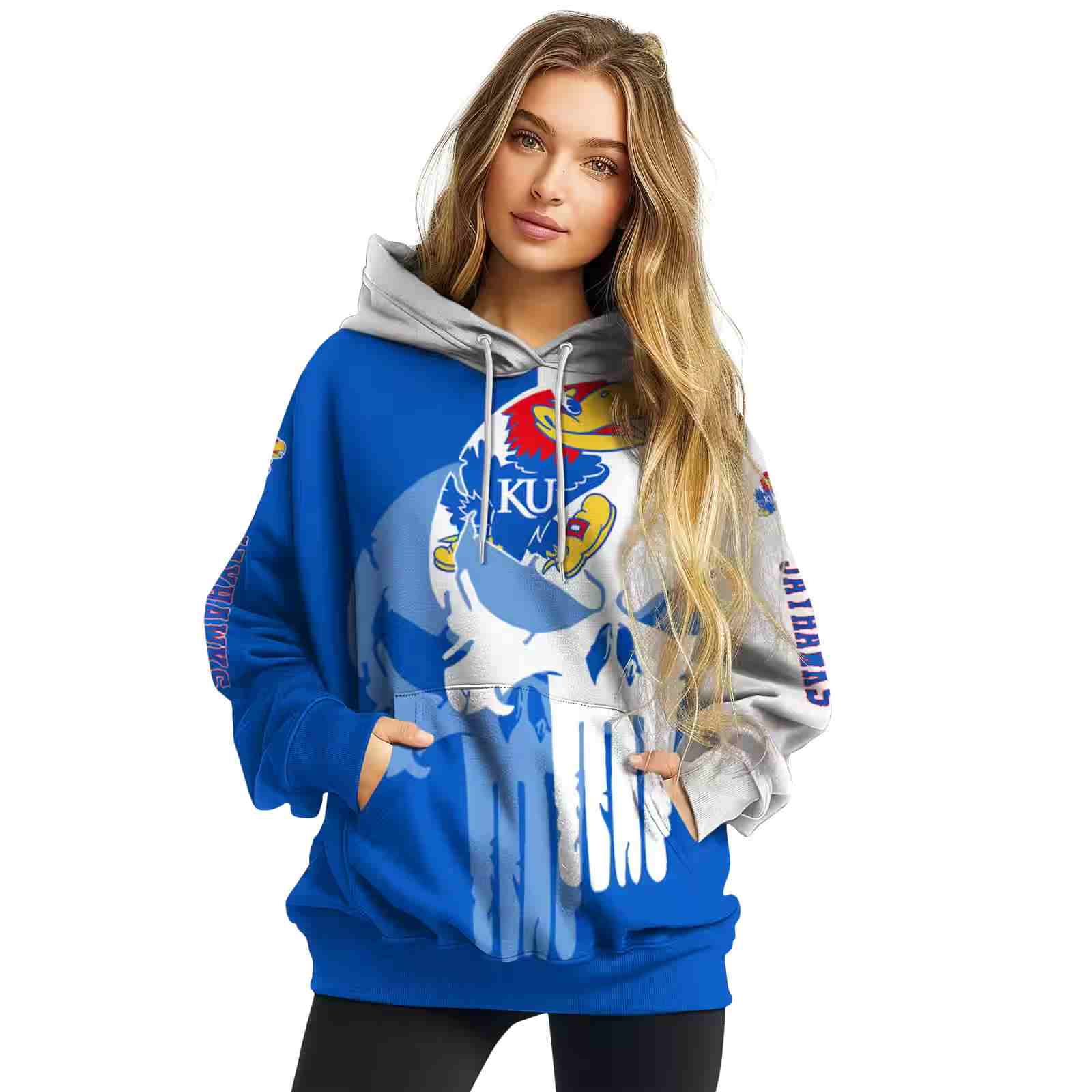 kansas jayhawks graphic punisher blue white hoodie high quality