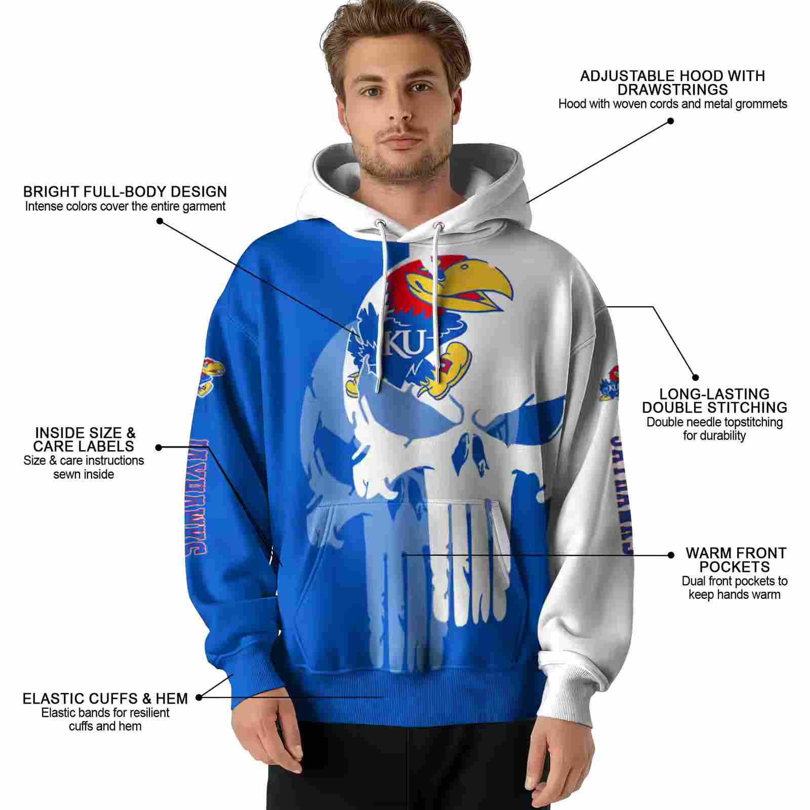 kansas jayhawks graphic punisher blue white hoodie latest model