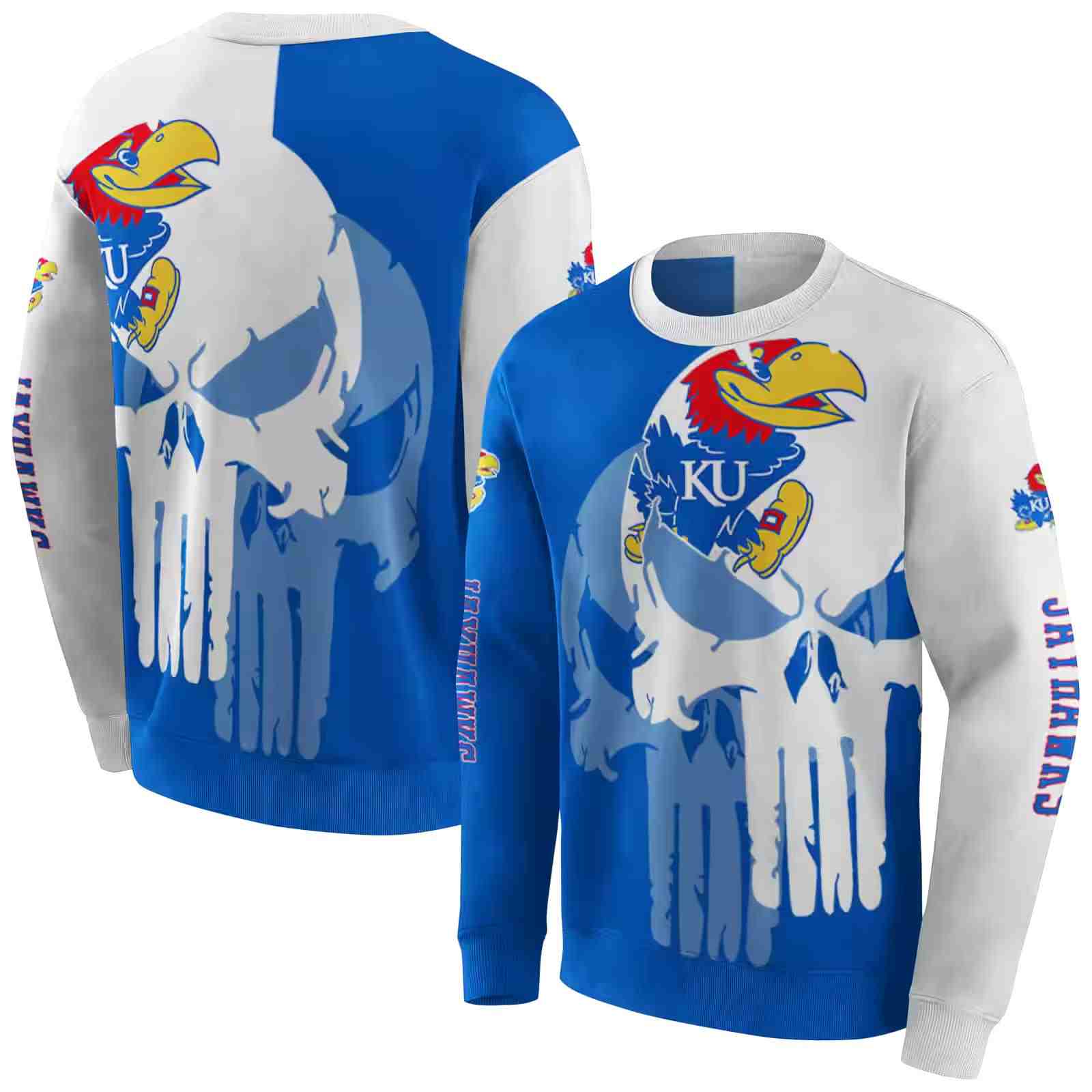 kansas jayhawks graphic punisher blue white hoodie premium grade