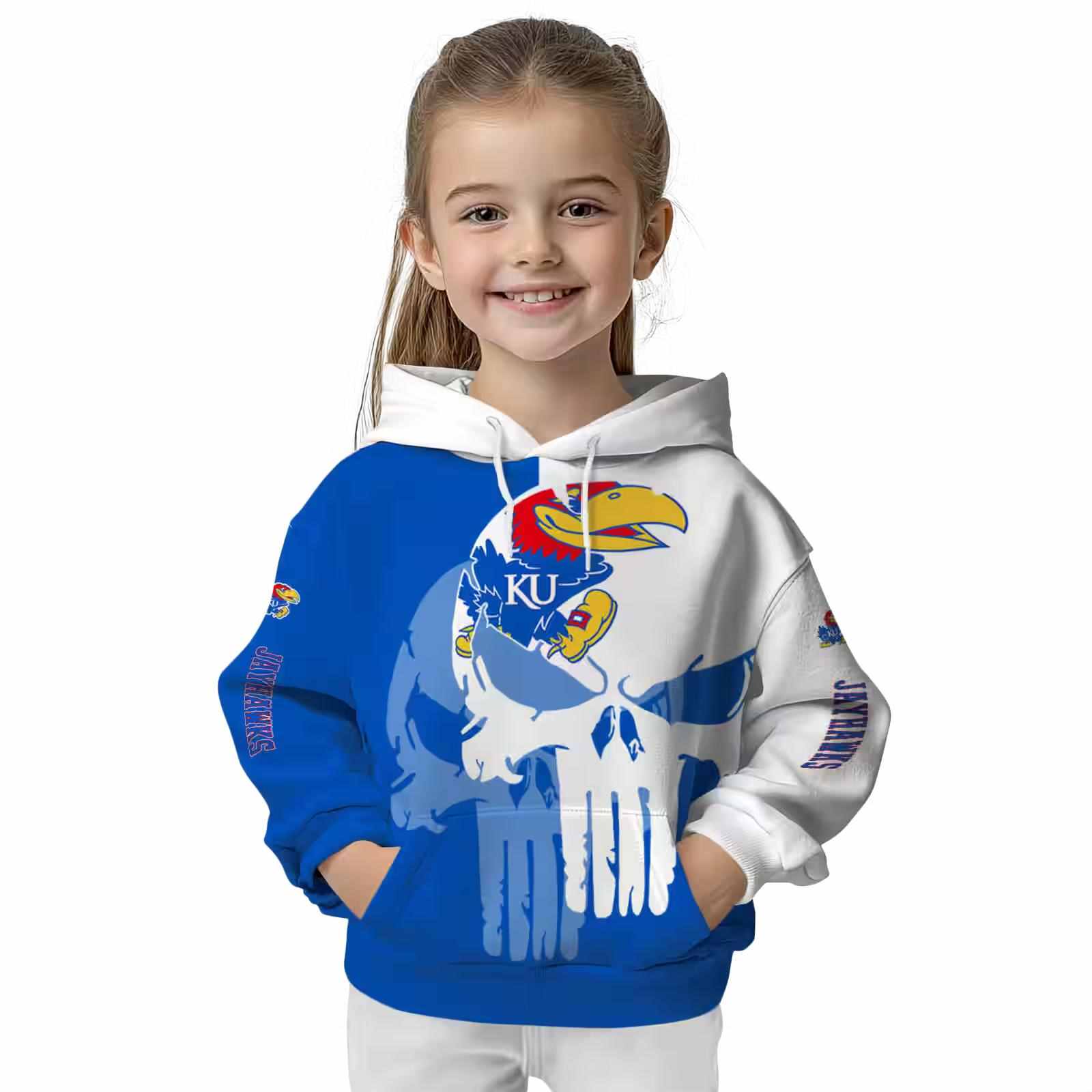 kansas jayhawks graphic punisher blue white hoodie top rated