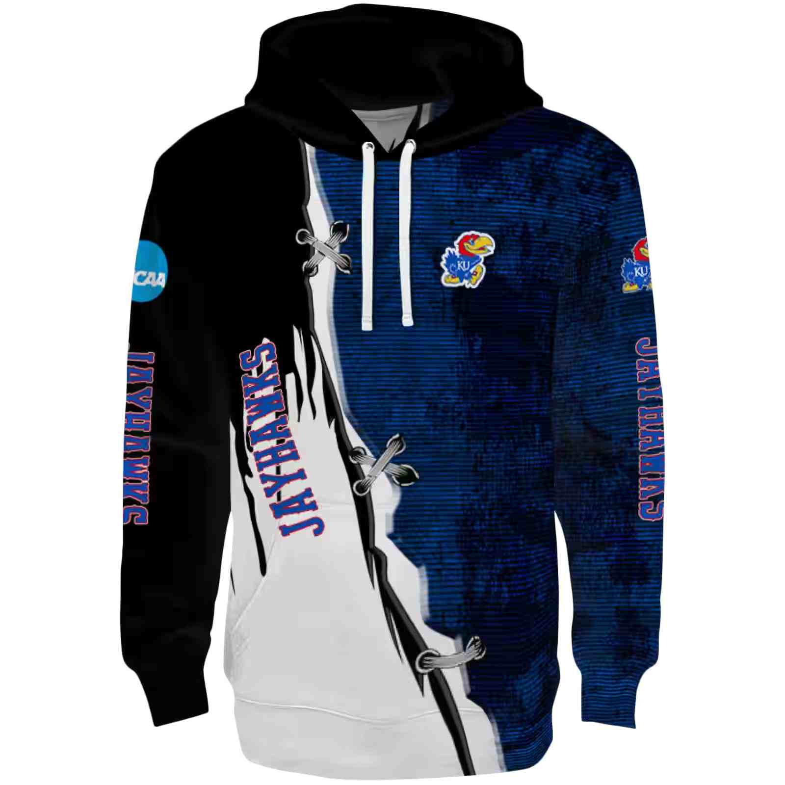 Kansas Jayhawks Ripped Pattern Blue Black White Hoodie