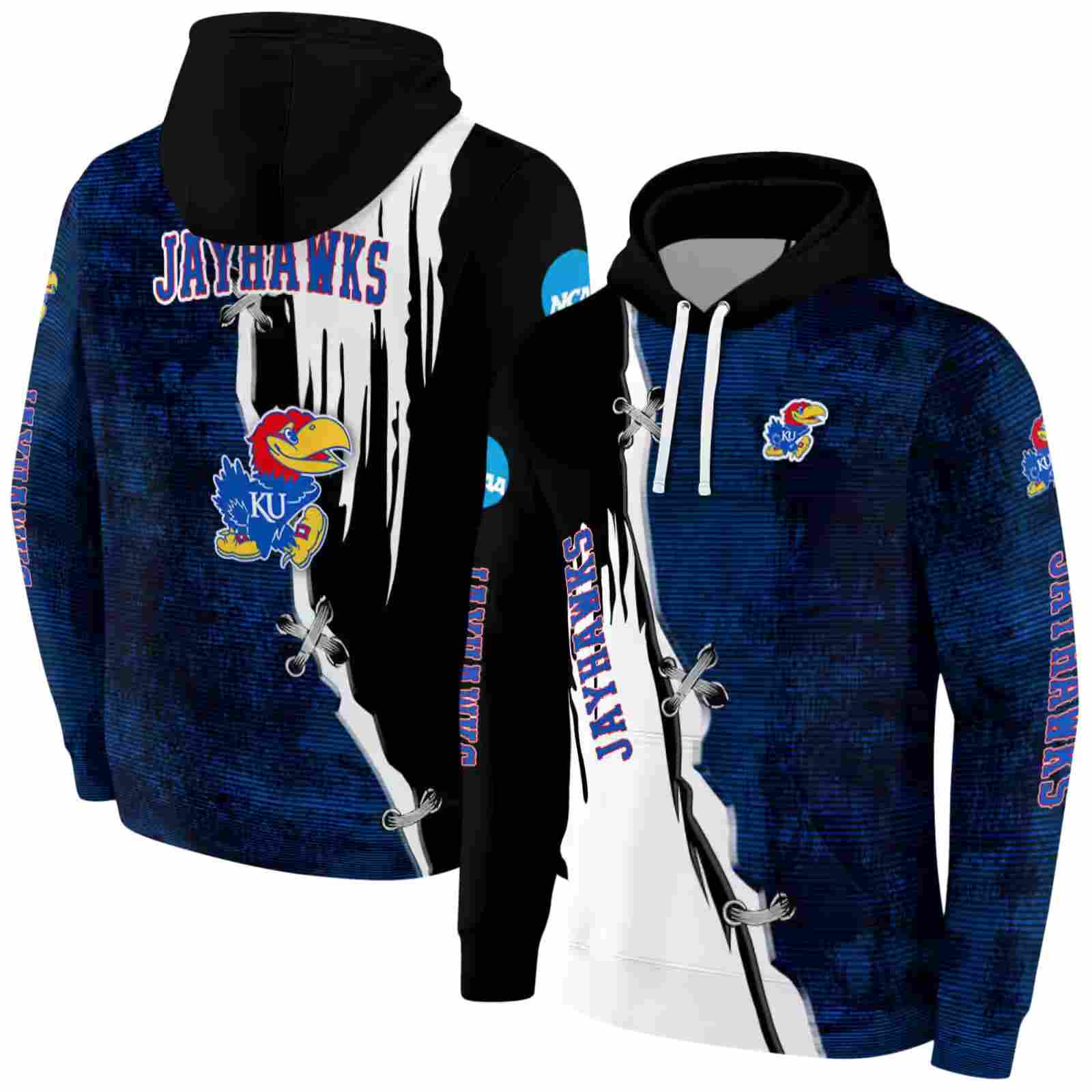 kansas jayhawks ripped pattern blue black white hoodie fashion forward