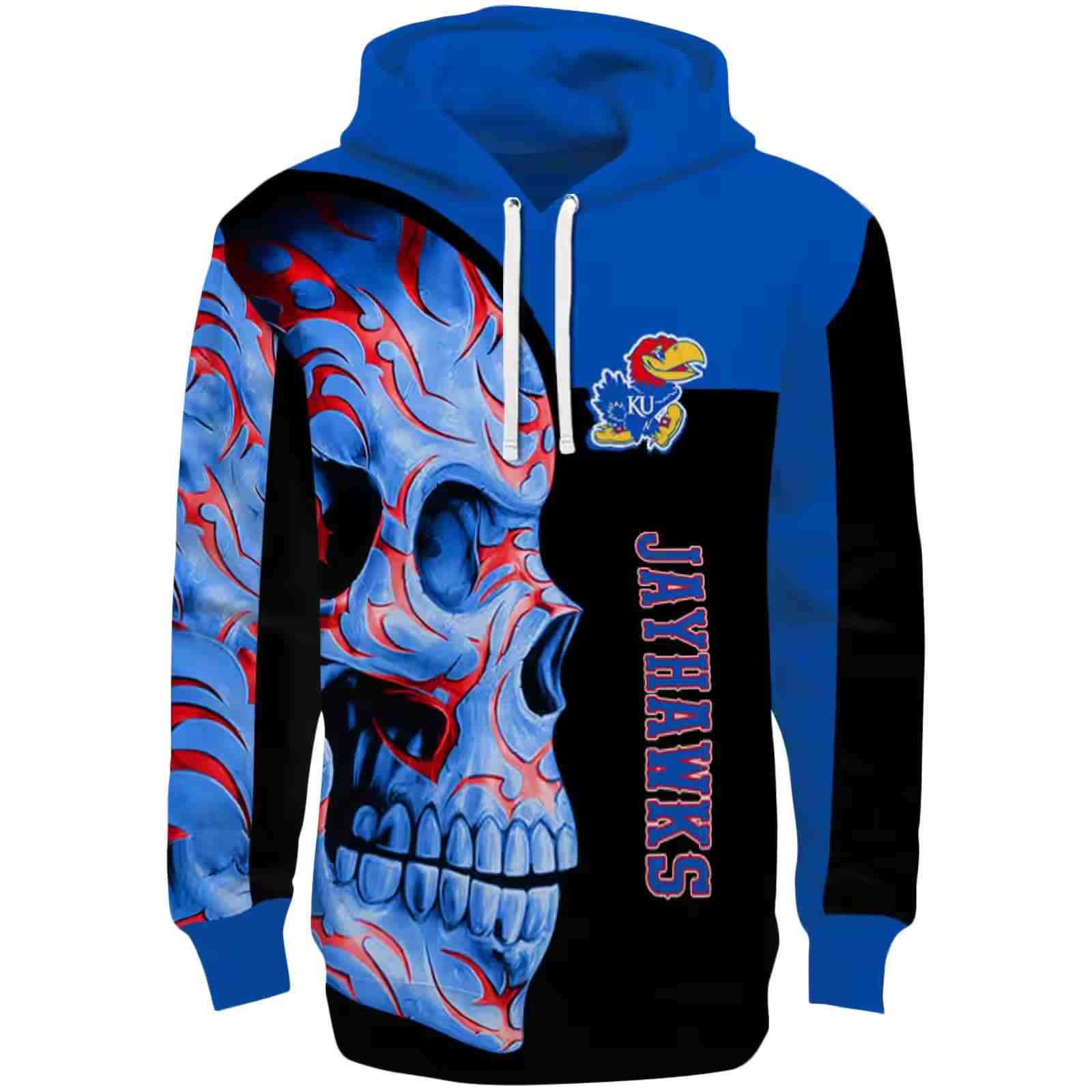 Kansas Jayhawks Skull Motif Blue Black Hoodie
