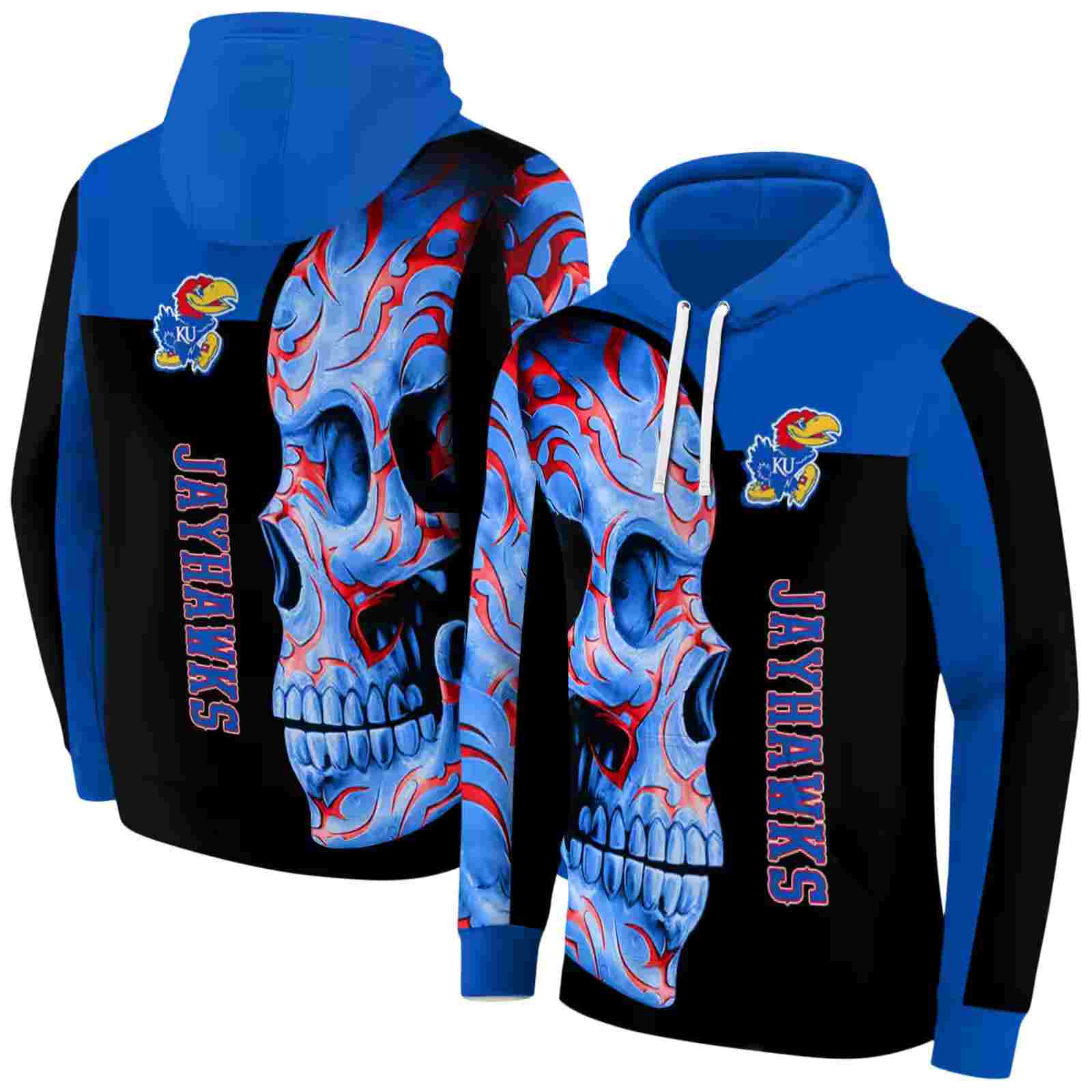 kansas jayhawks skull motif blue black hoodie fashion forward