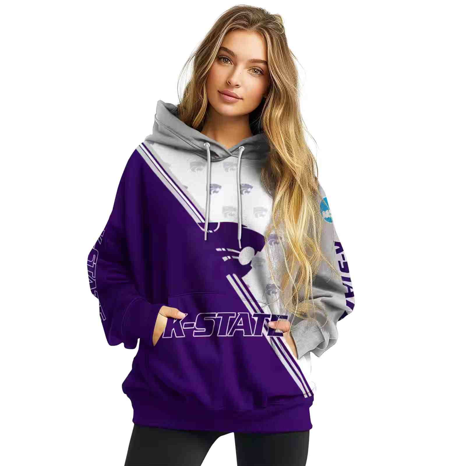 kansas state wildcats diagonal stripe purple white hoodie high quality