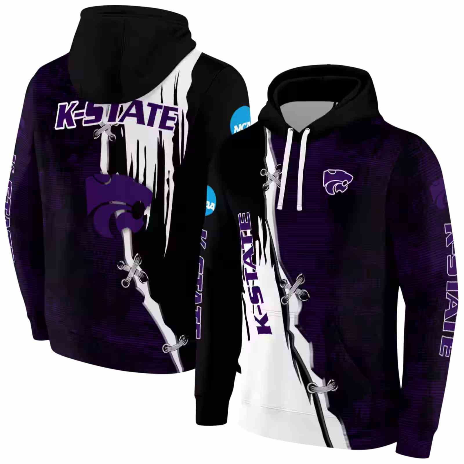 kansas state wildcats ripped pattern purple black white hoodie fashion forward