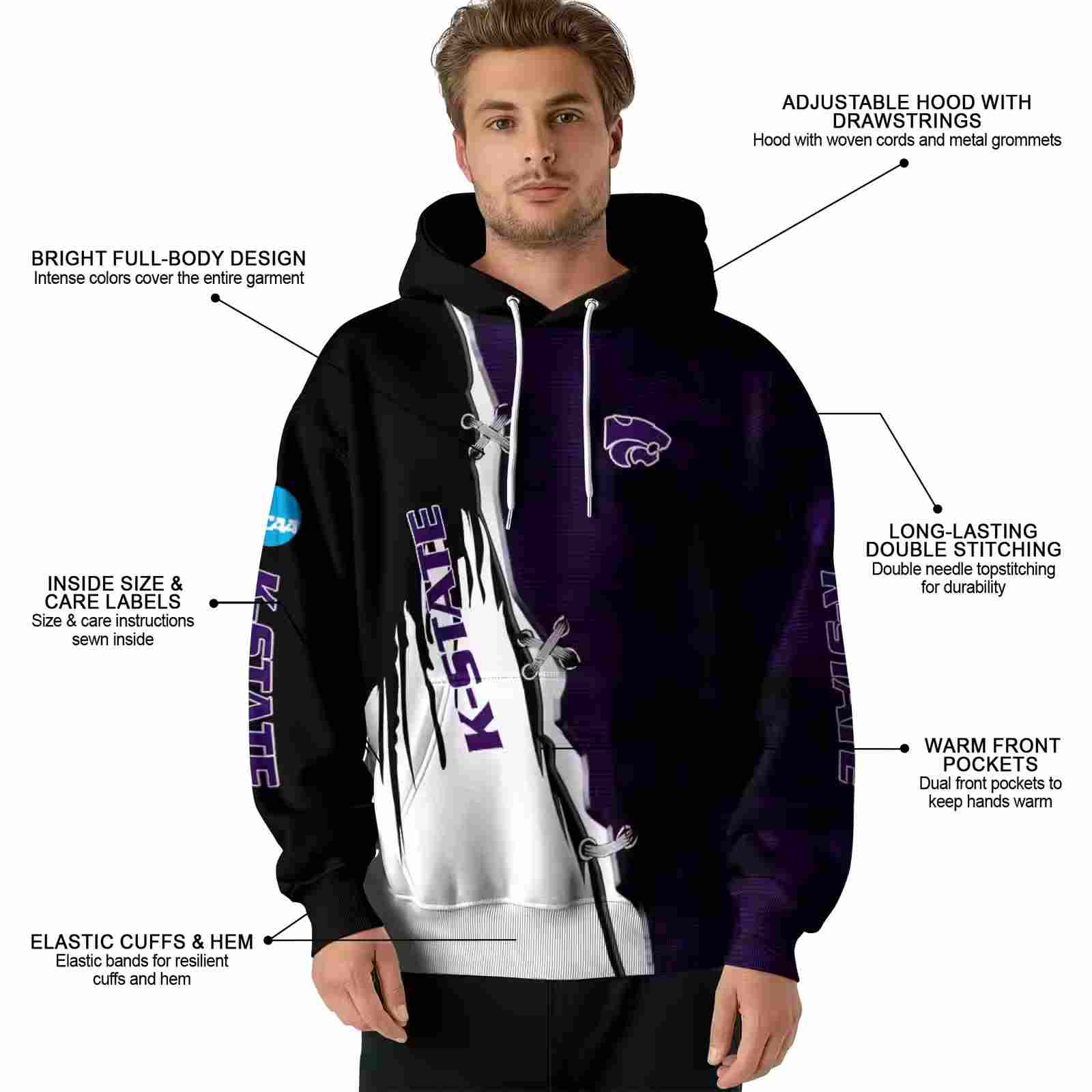 kansas state wildcats ripped pattern purple black white hoodie latest model