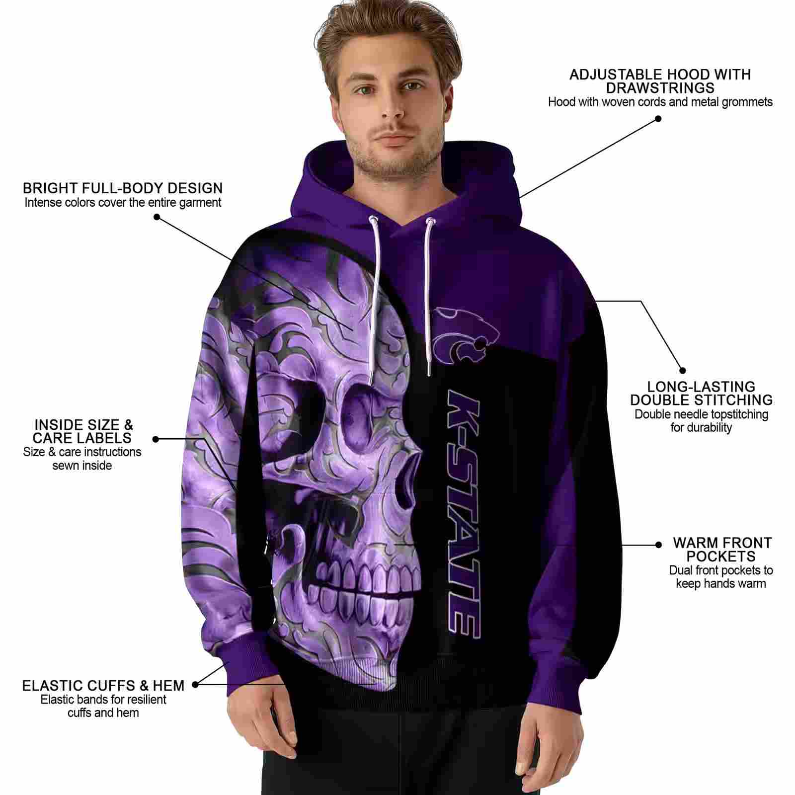 kansas state wildcats skull motif purple black hoodie latest model