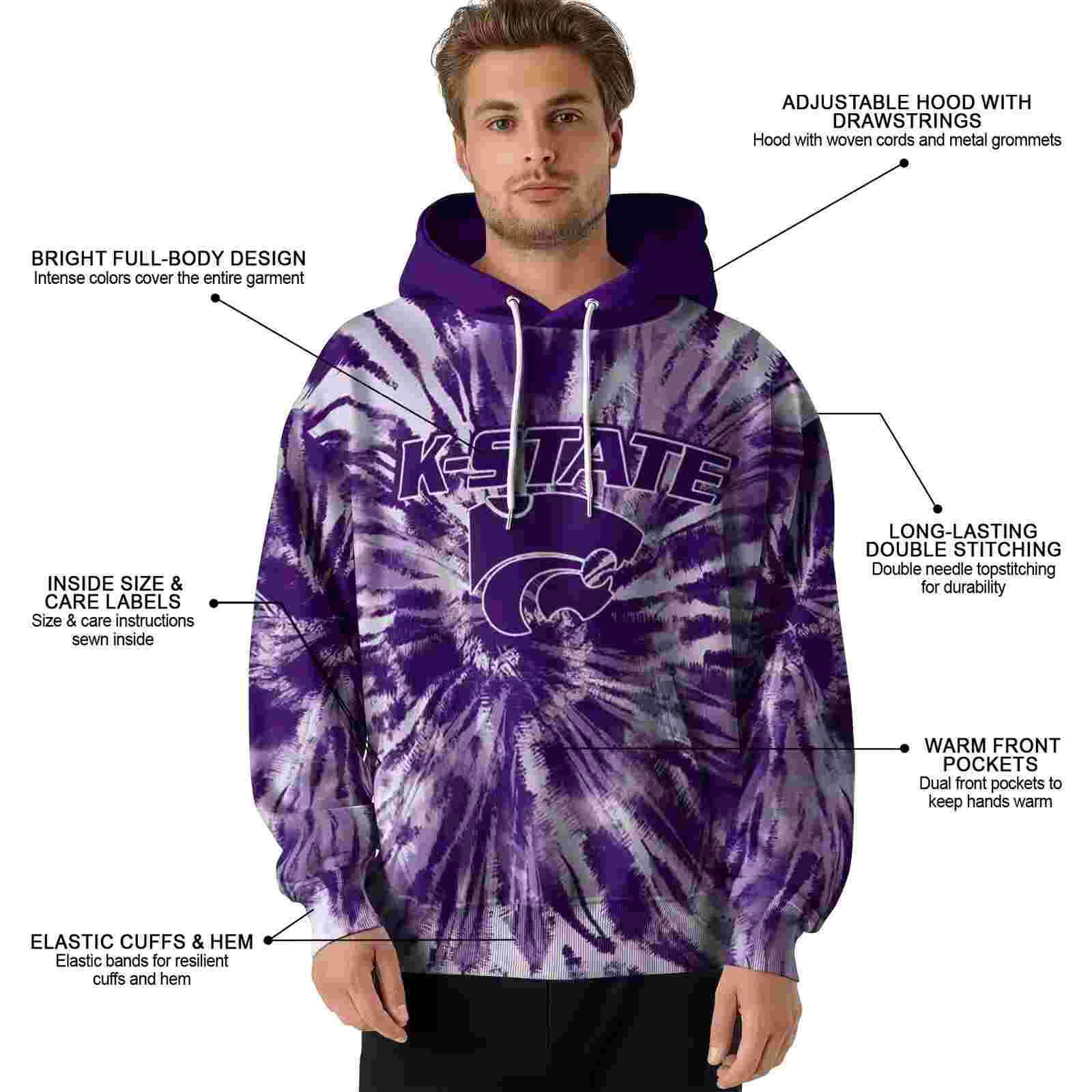 kansas state wildcats tie dye pattern purple hoodie latest model