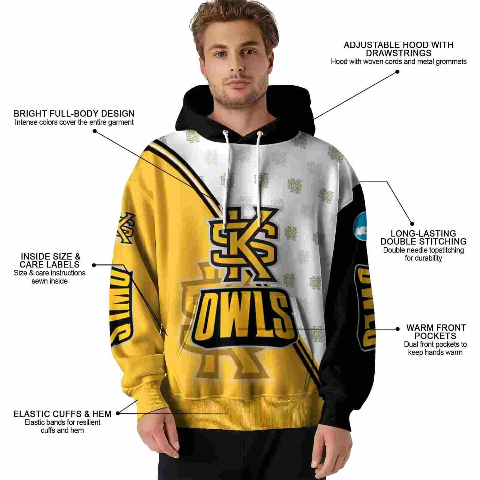 kennesaw state owls diagonal stripe gold white hoodie latest model