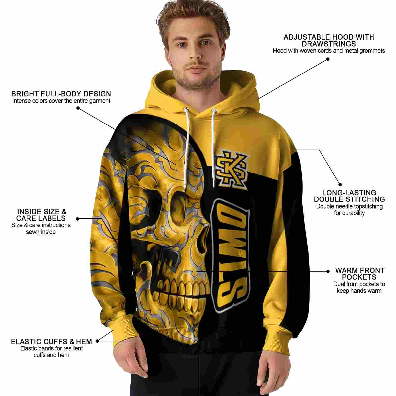 kennesaw state owls skull motif gold black hoodie latest model