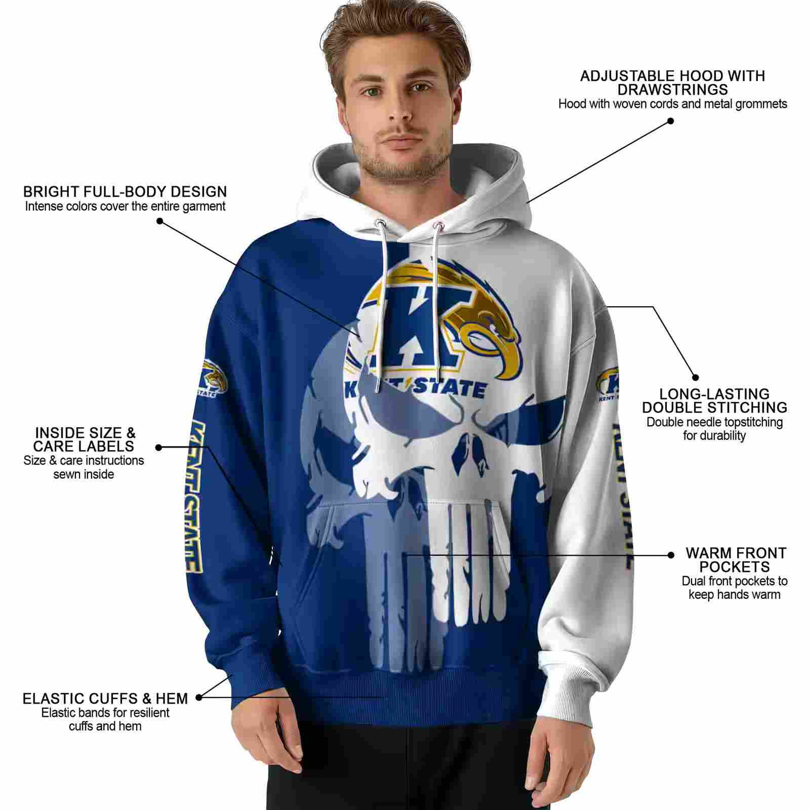 kent state golden flashes graphic punisher navy blue white hoodie latest model