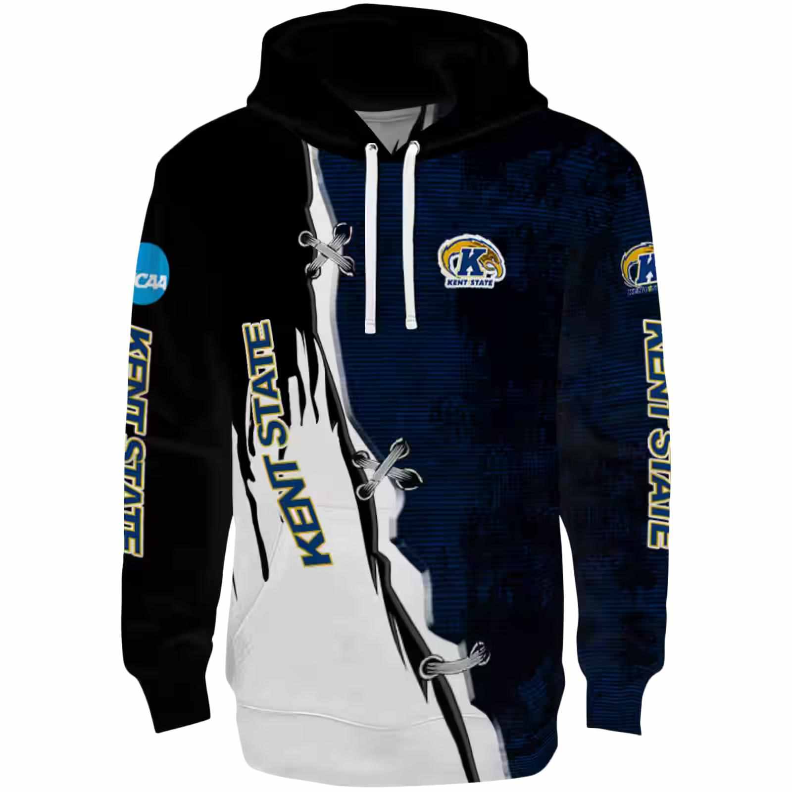 Kent State Golden Flashes Ripped Pattern Navy Blue Black White Hoodie