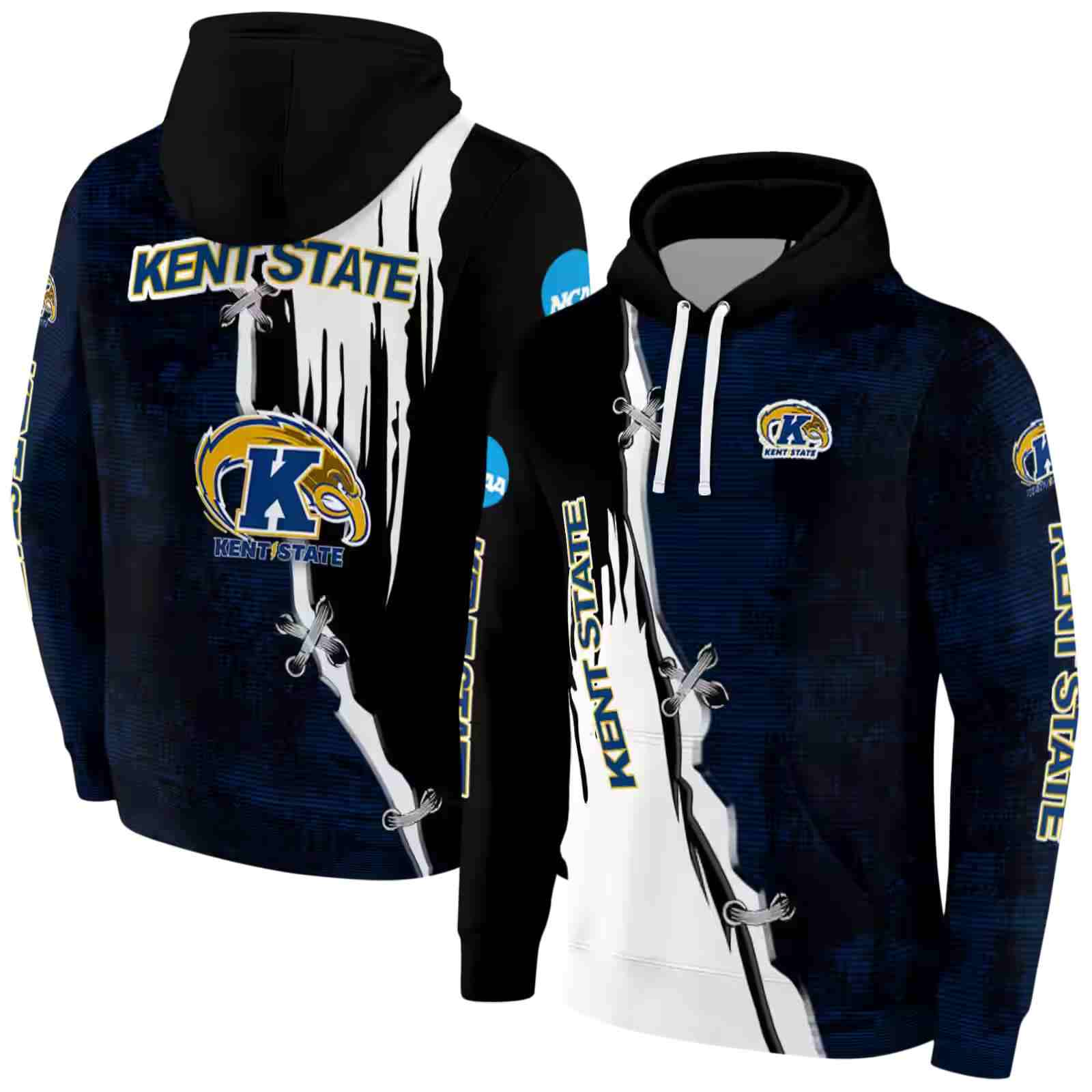 kent state golden flashes ripped pattern navy blue black white hoodie fashion forward