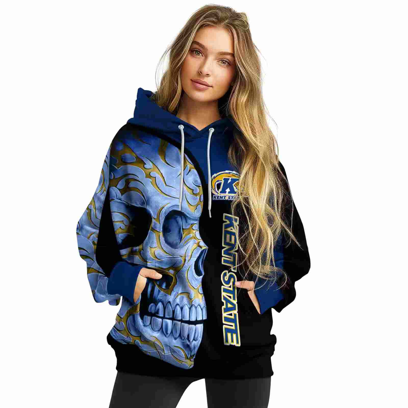 kent state golden flashes skull motif navy blue black hoodie high quality