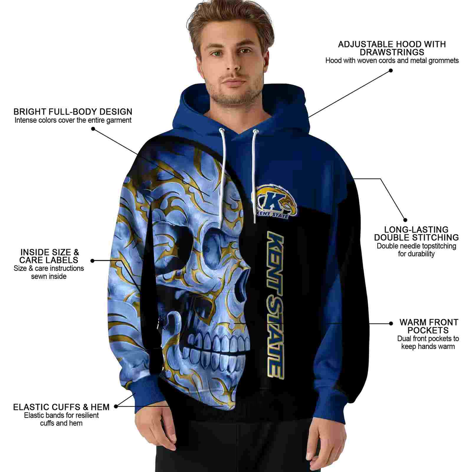 kent state golden flashes skull motif navy blue black hoodie latest model