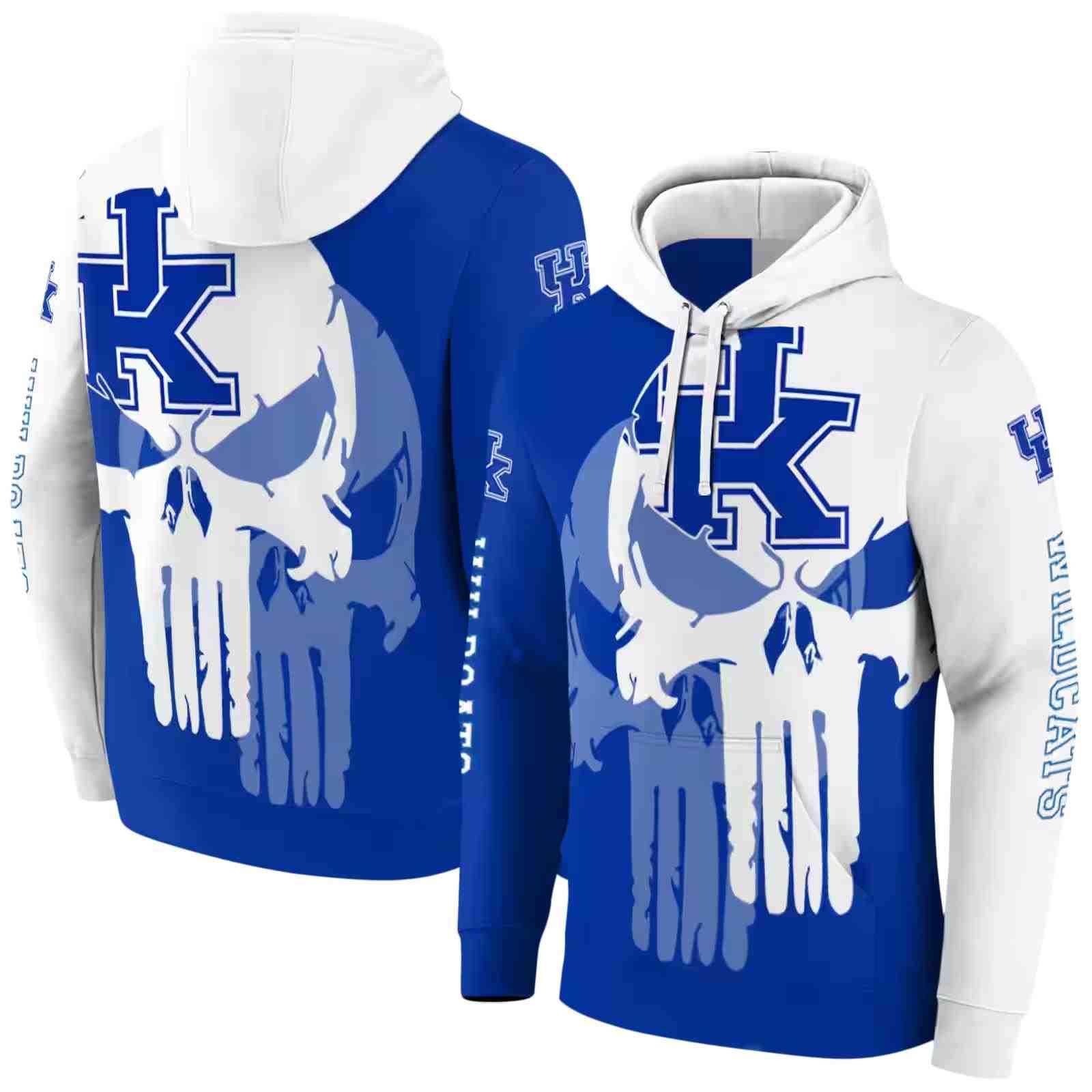 kentucky wildcats graphic punisher blue white hoodie fashion forward