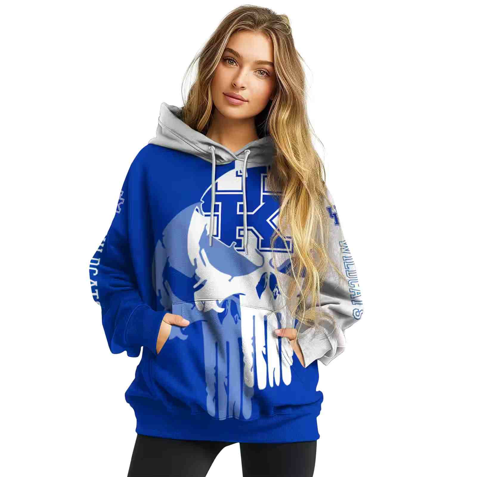 kentucky wildcats graphic punisher blue white hoodie high quality