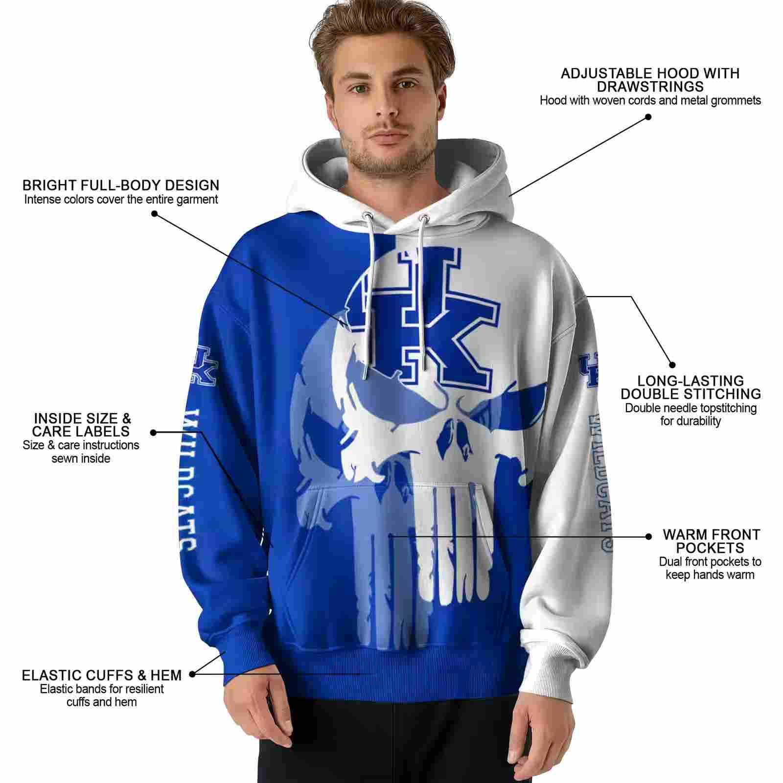 kentucky wildcats graphic punisher blue white hoodie latest model