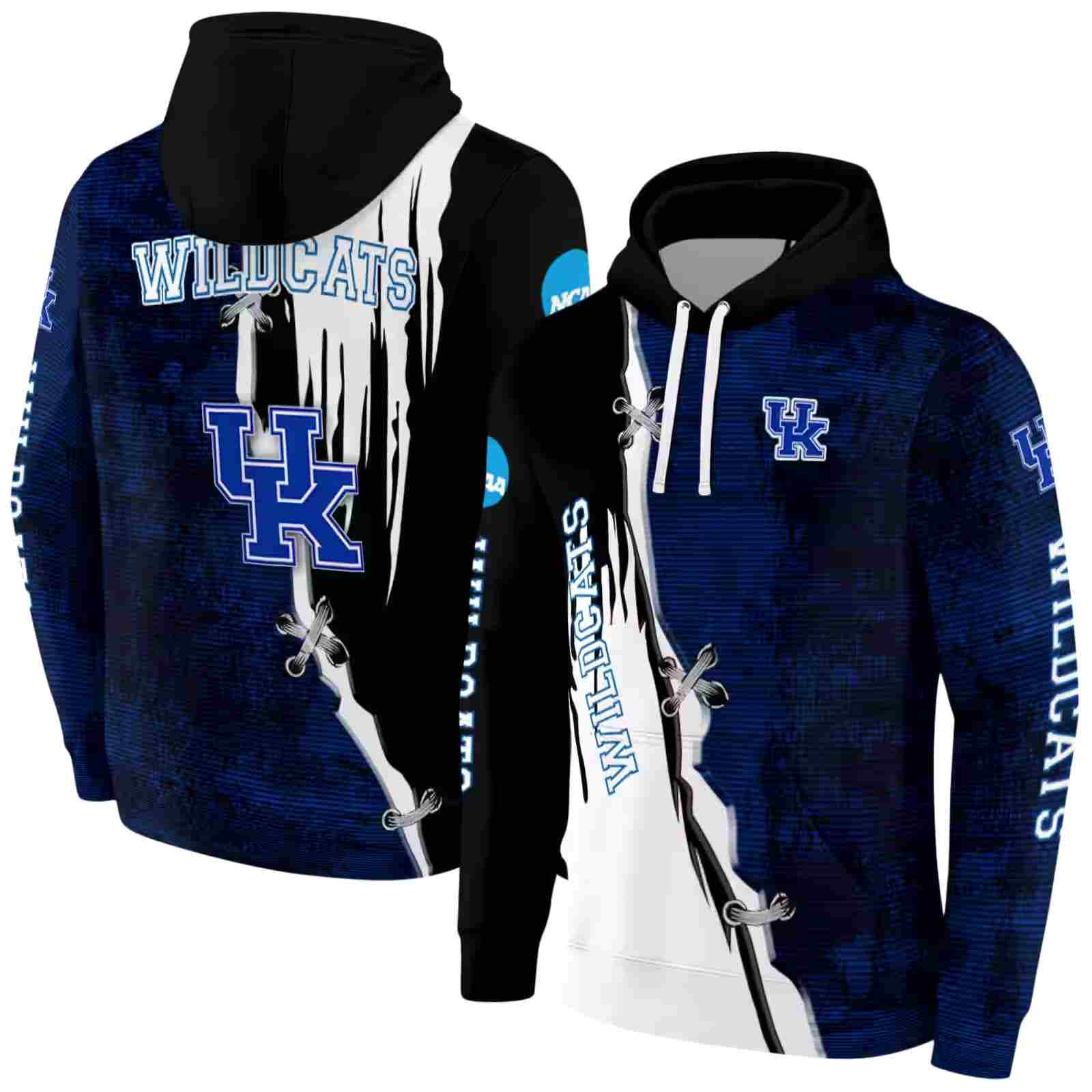 kentucky wildcats ripped pattern blue black white hoodie fashion forward