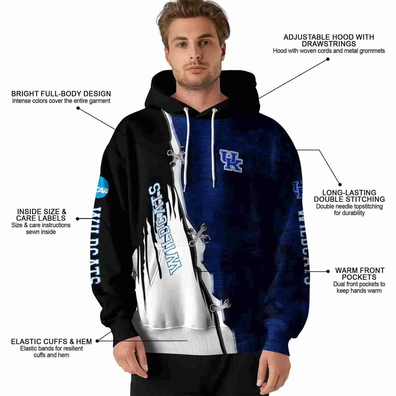 kentucky wildcats ripped pattern blue black white hoodie latest model