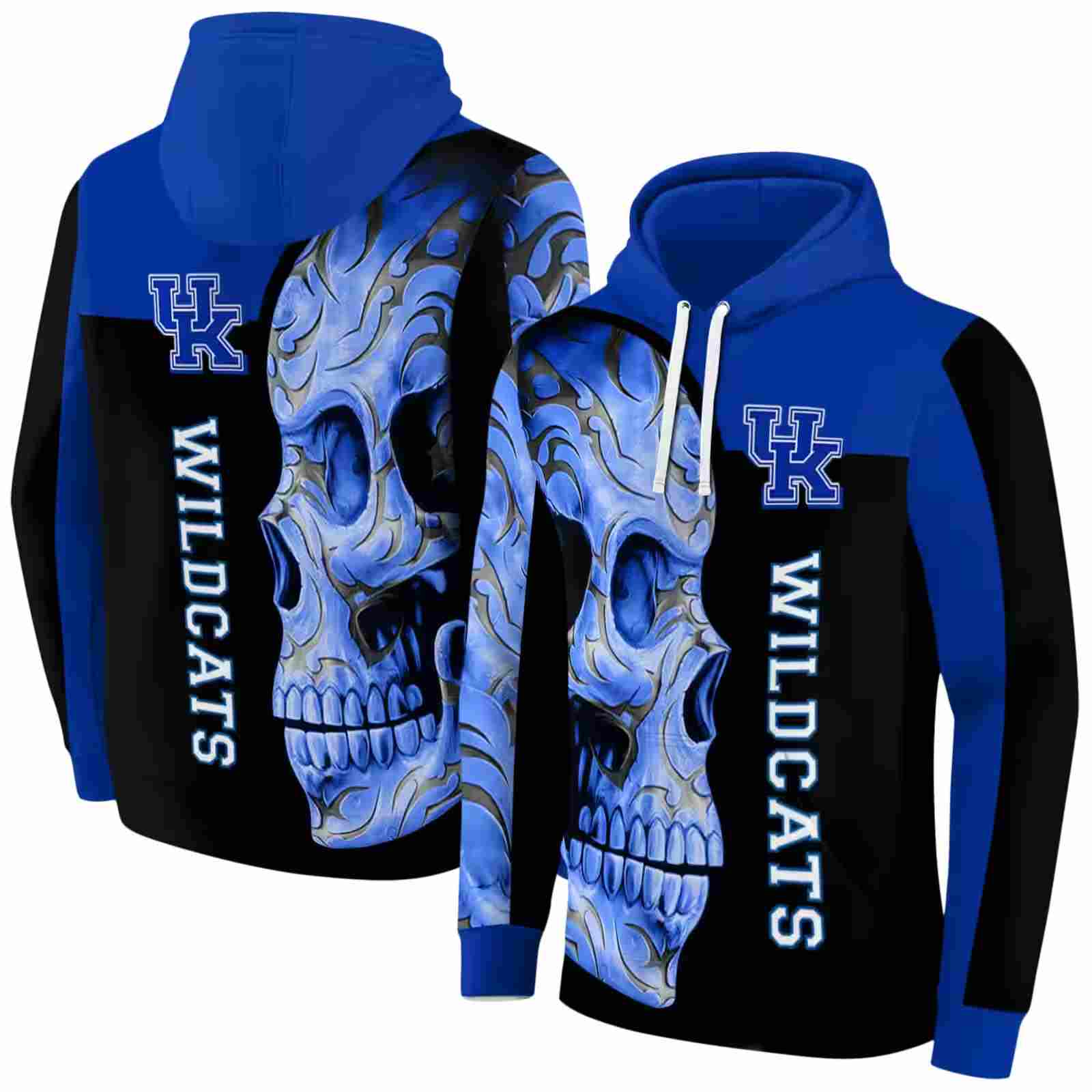 kentucky wildcats skull motif blue black hoodie fashion forward