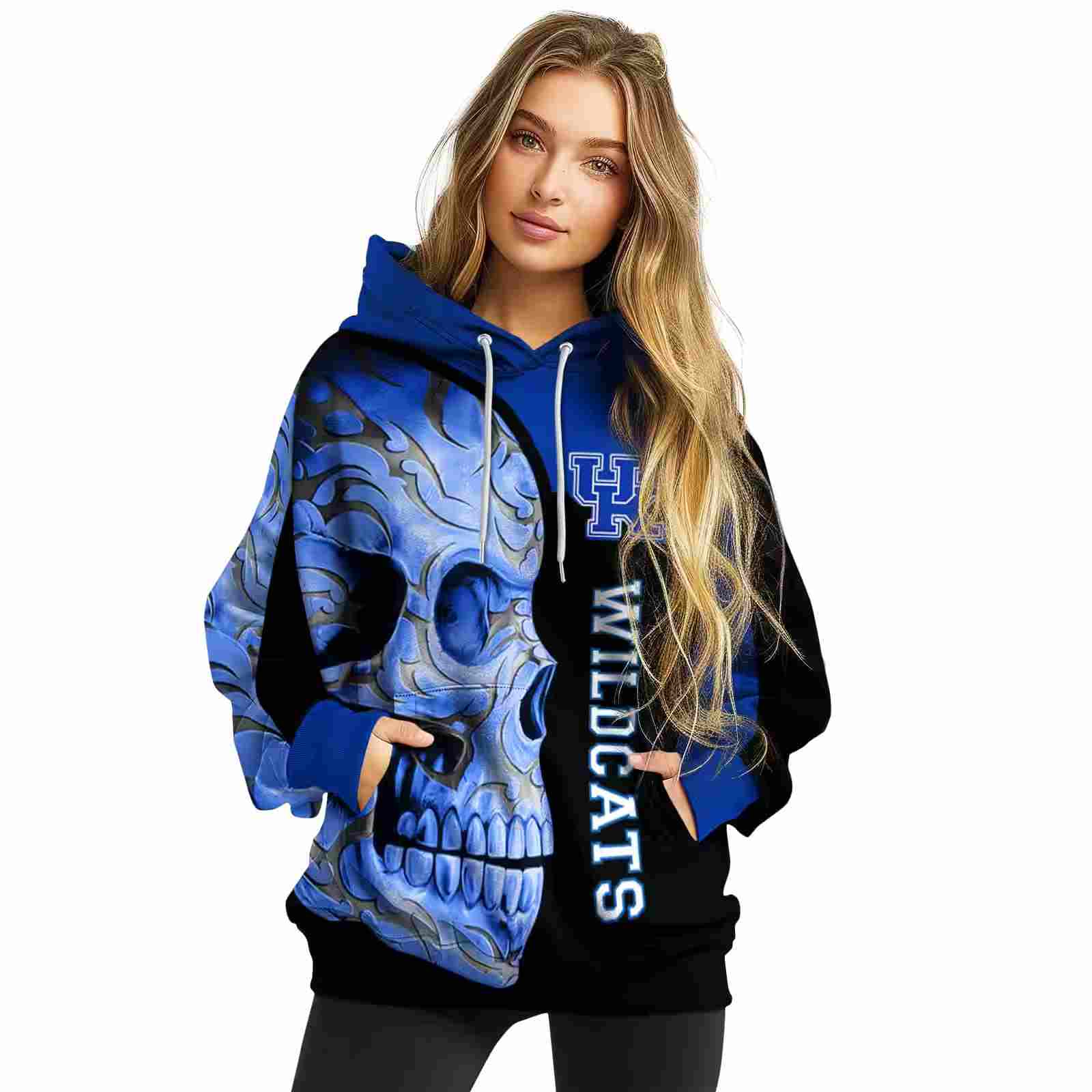 kentucky wildcats skull motif blue black hoodie high quality