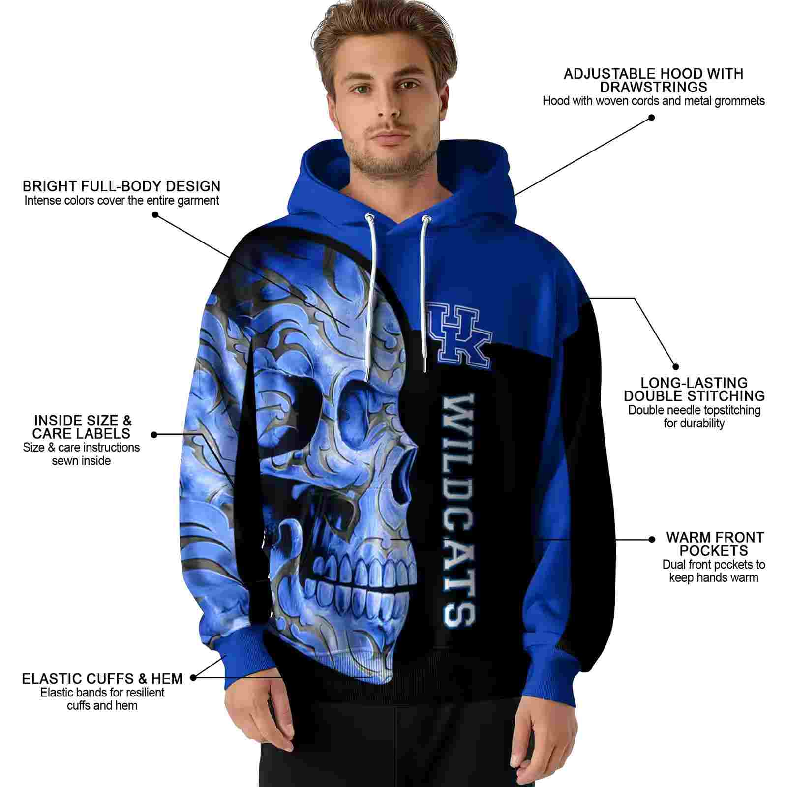 kentucky wildcats skull motif blue black hoodie latest model