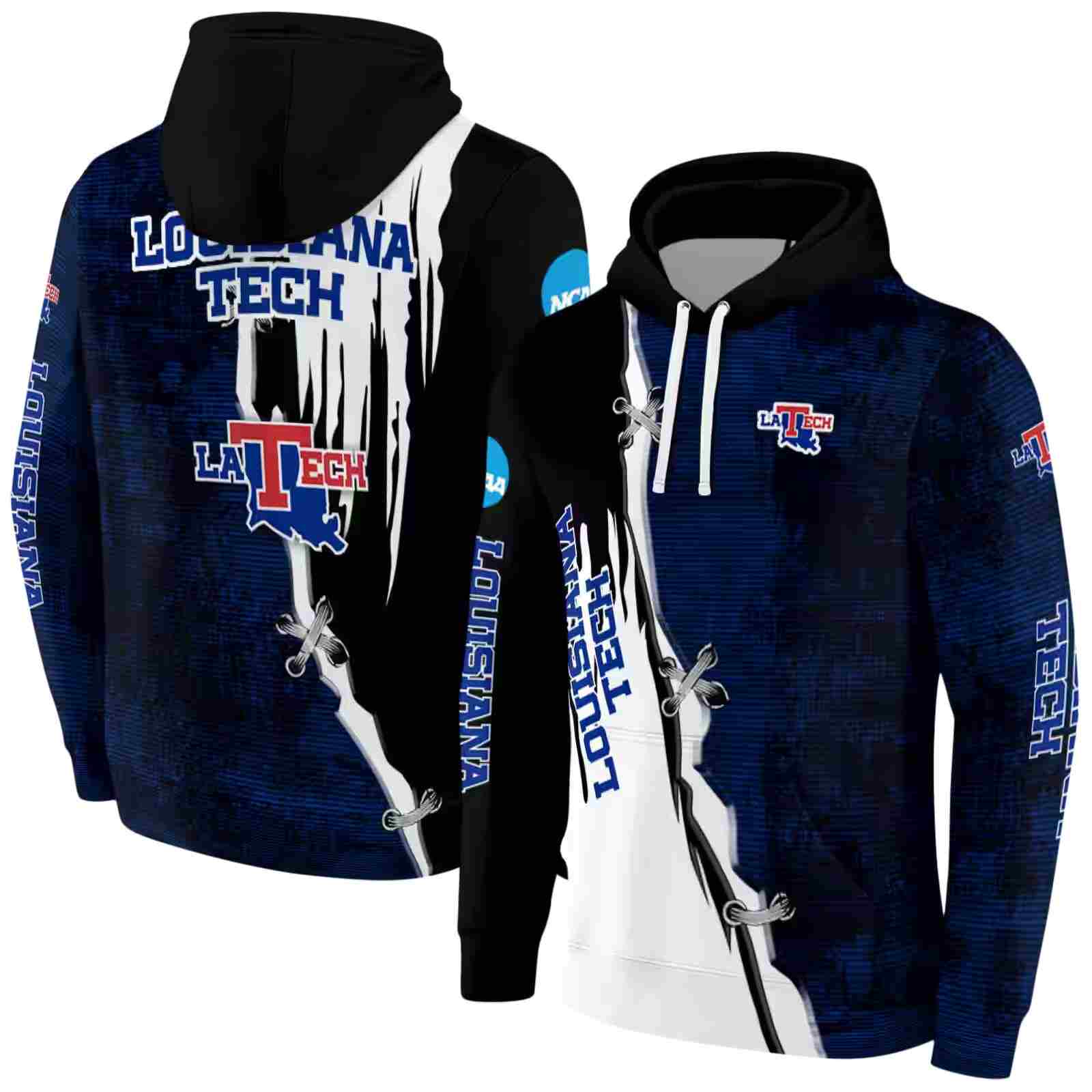 la tech ripped pattern blue black white hoodie fashion forward