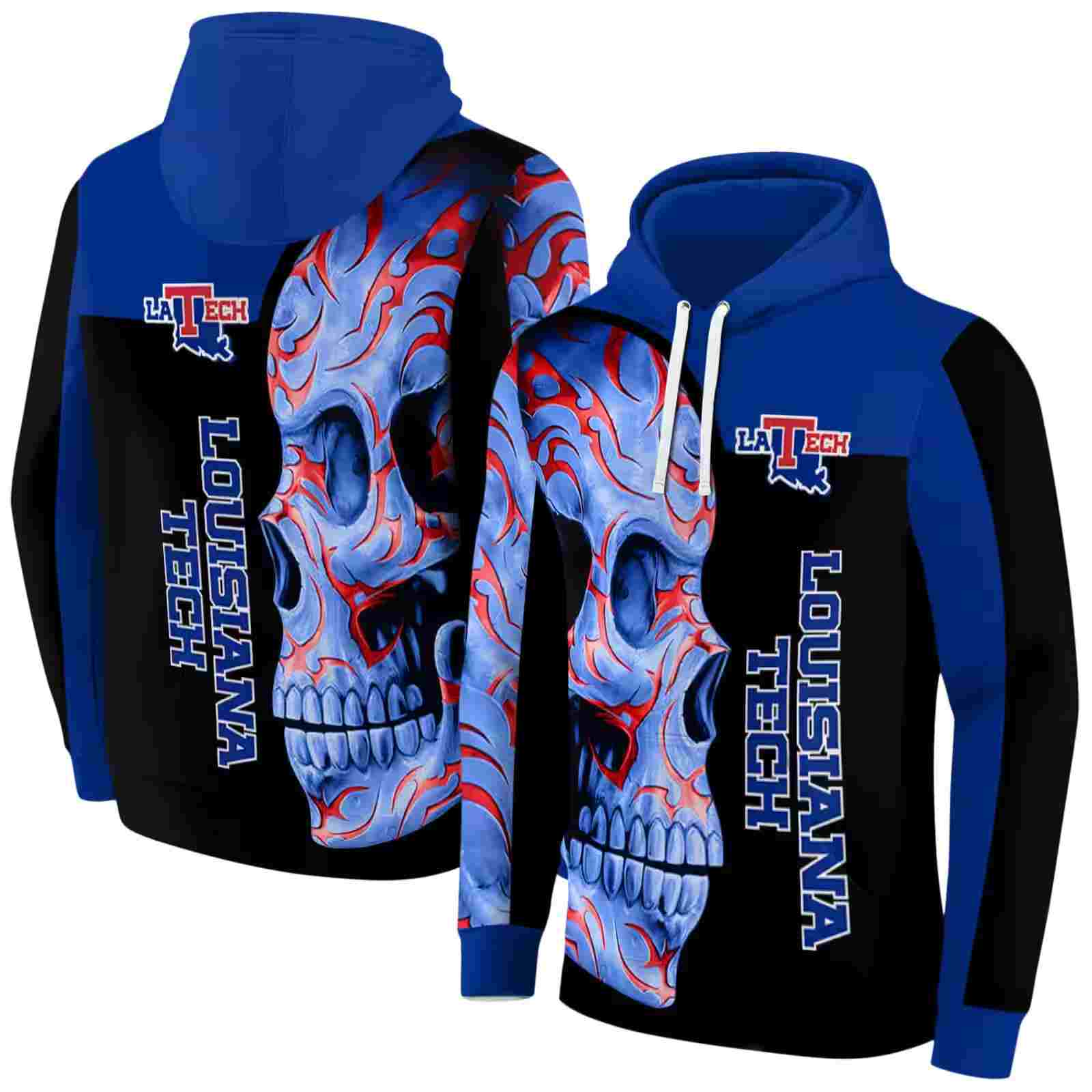 la tech skull motif blue black hoodie fashion forward