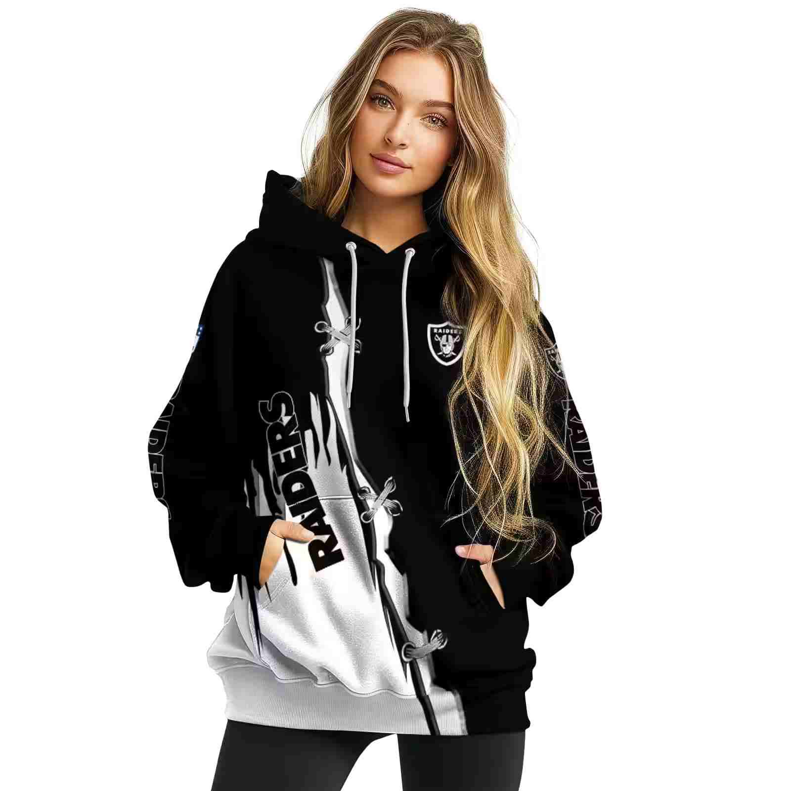 las vegas raiders ripped pattern black white hoodie high quality