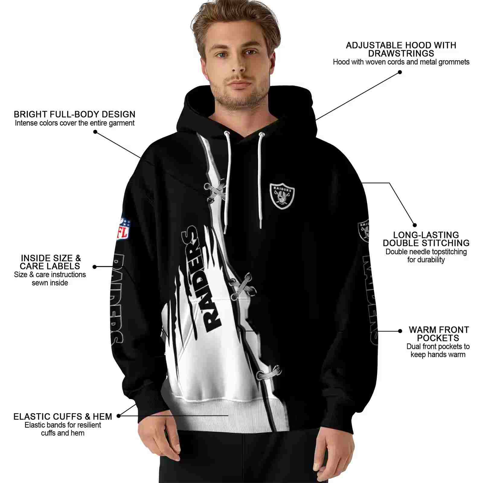 las vegas raiders ripped pattern black white hoodie latest model