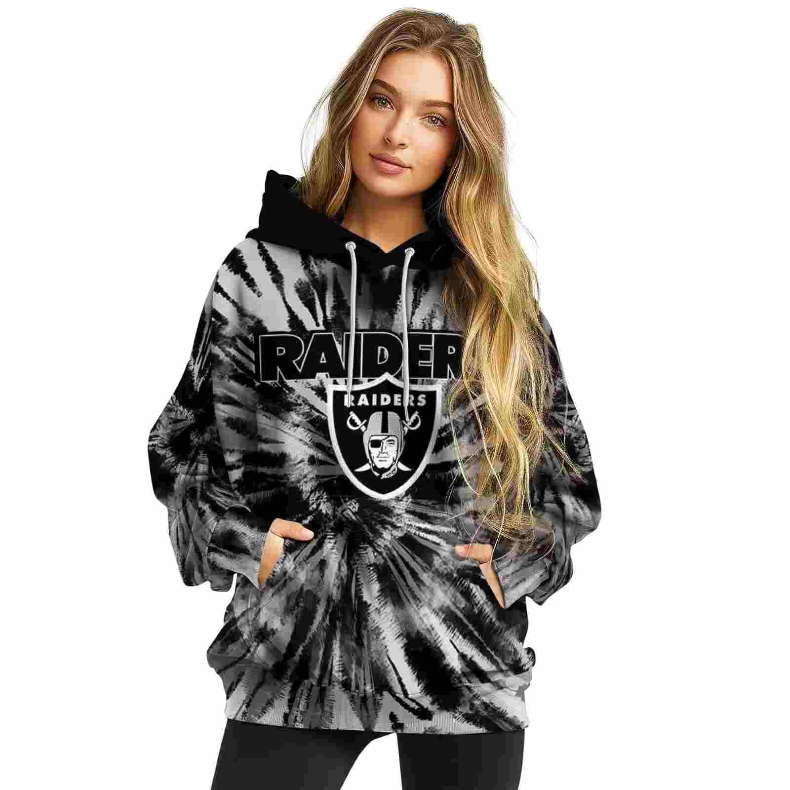 las vegas raiders tie dye pattern black hoodie high quality