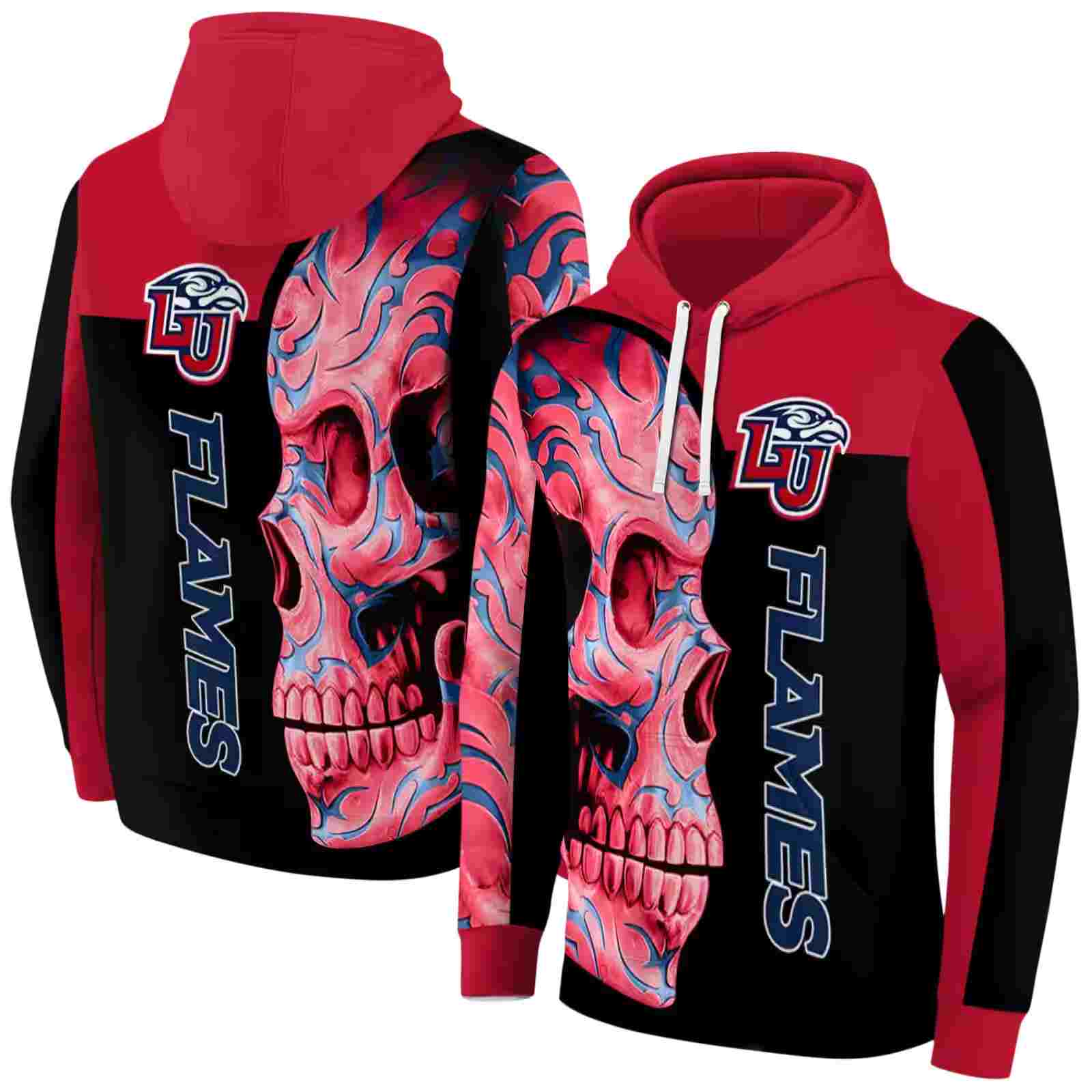 liberty flames skull motif red black hoodie fashion forward