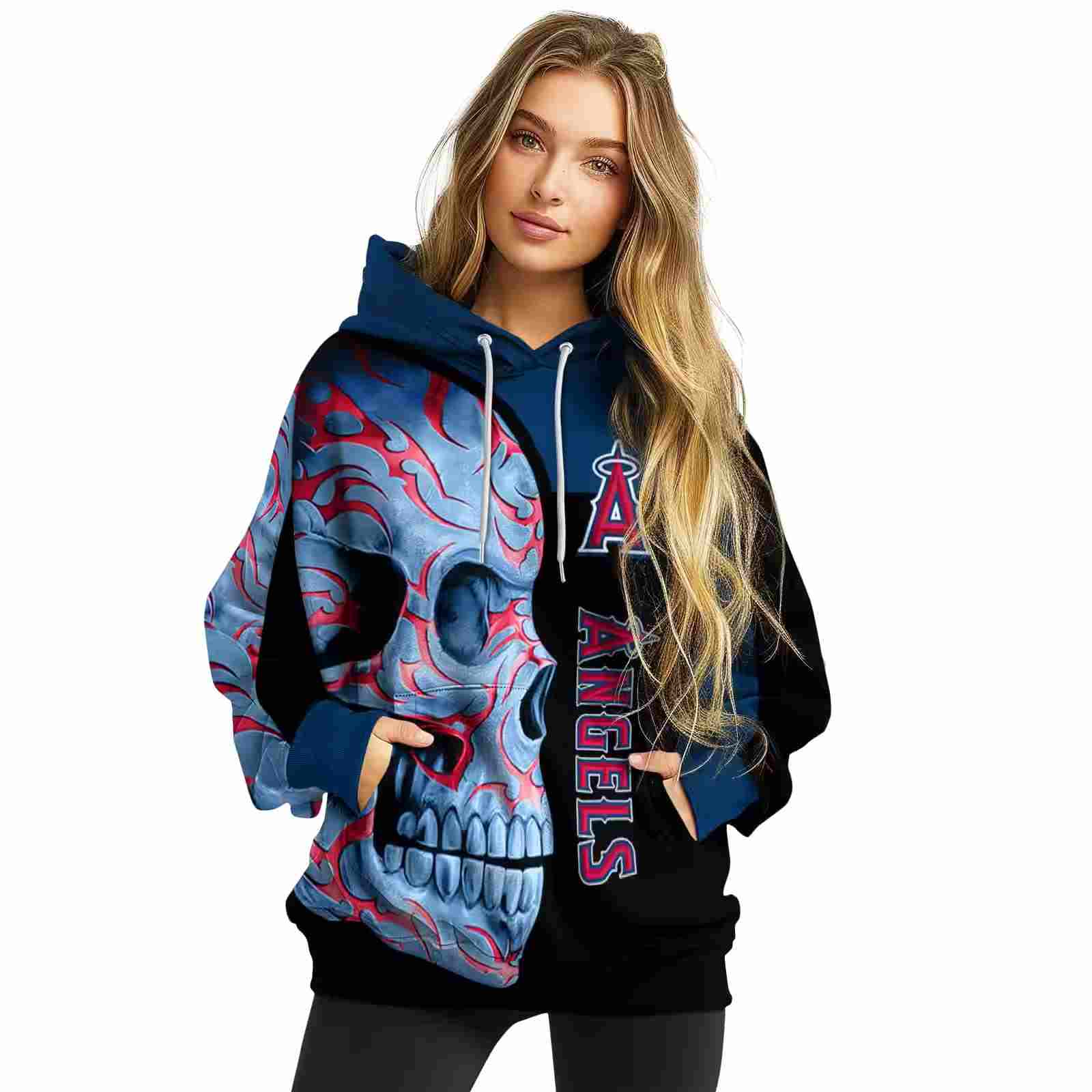 los angeles angels skull motif blue black hoodie high quality