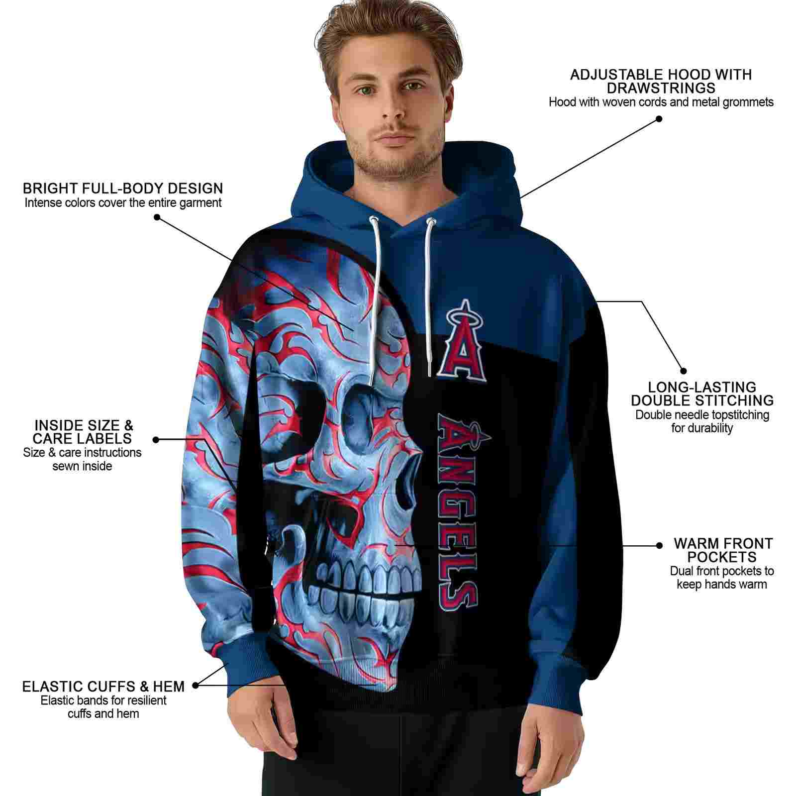 los angeles angels skull motif blue black hoodie latest model