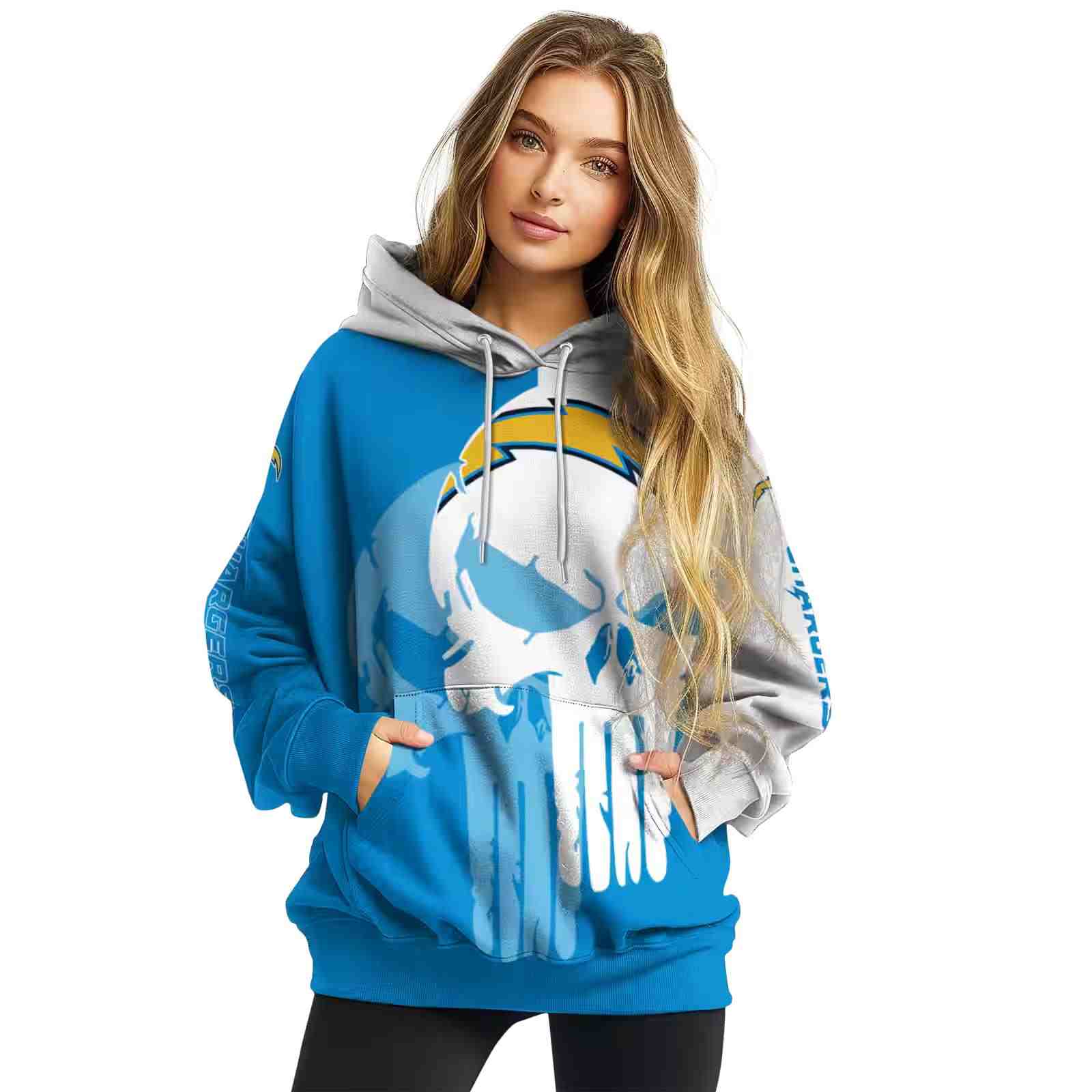 los angeles chargers graphic punisher blue white hoodie high quality