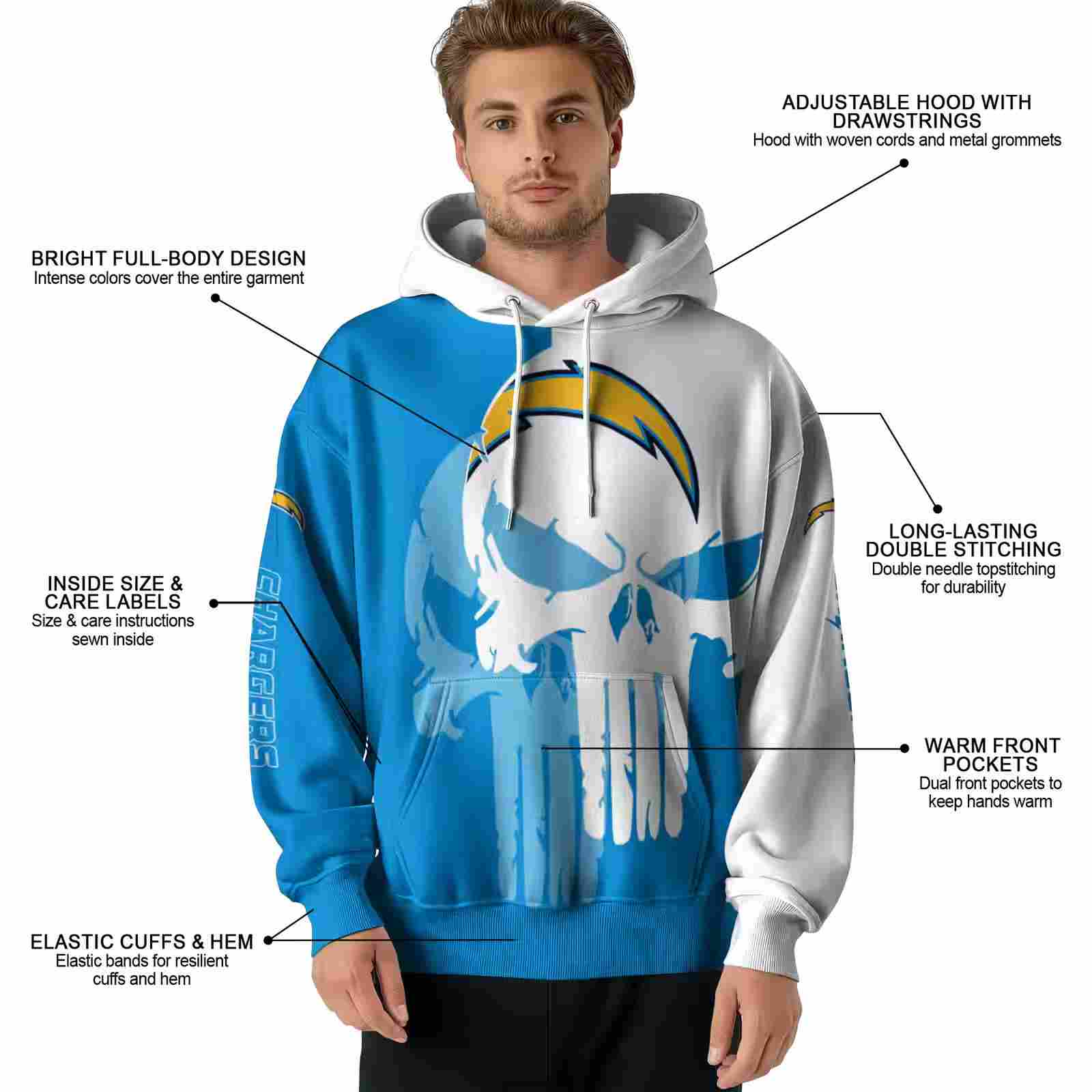 los angeles chargers graphic punisher blue white hoodie latest model