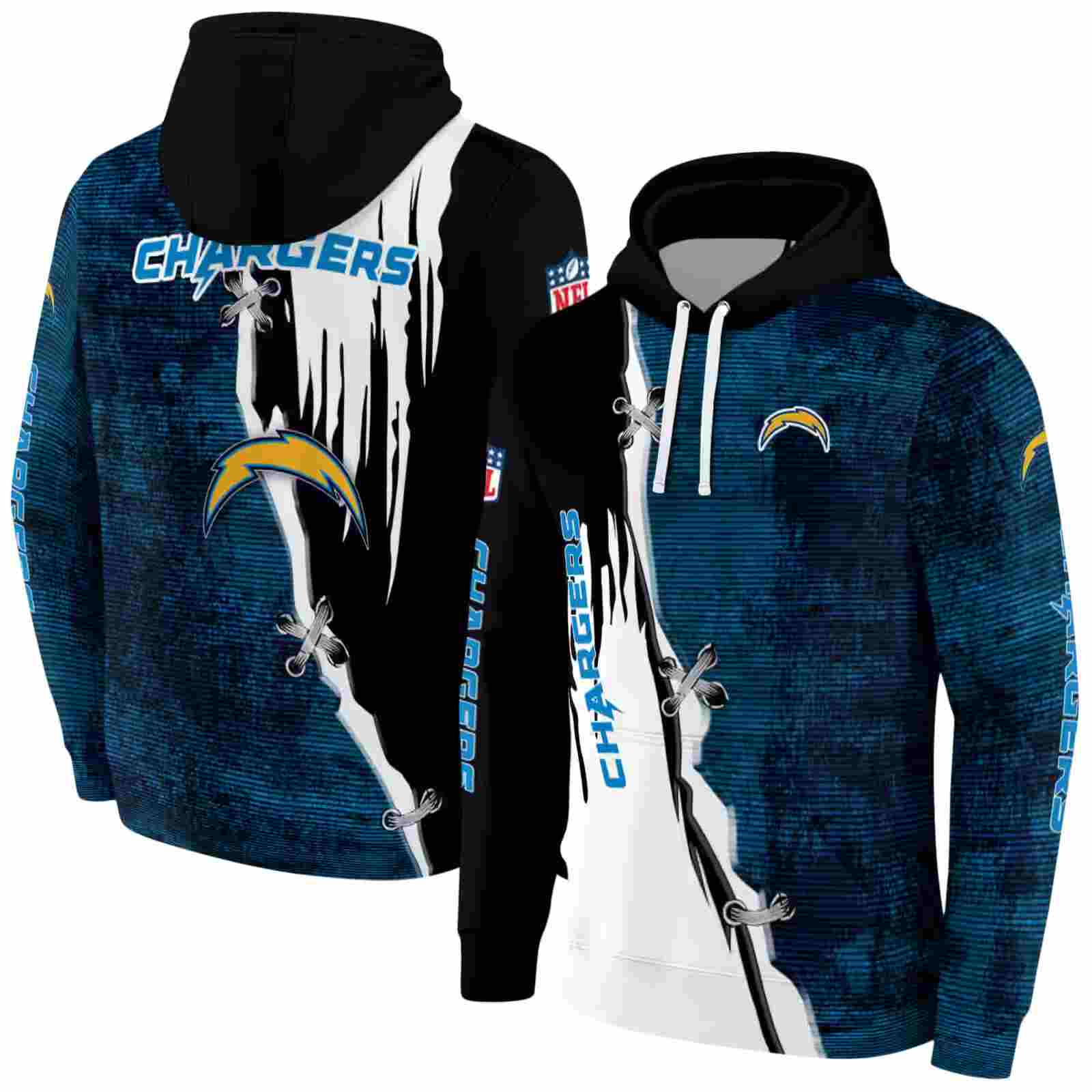 los angeles chargers ripped pattern blue black white hoodie fashion forward