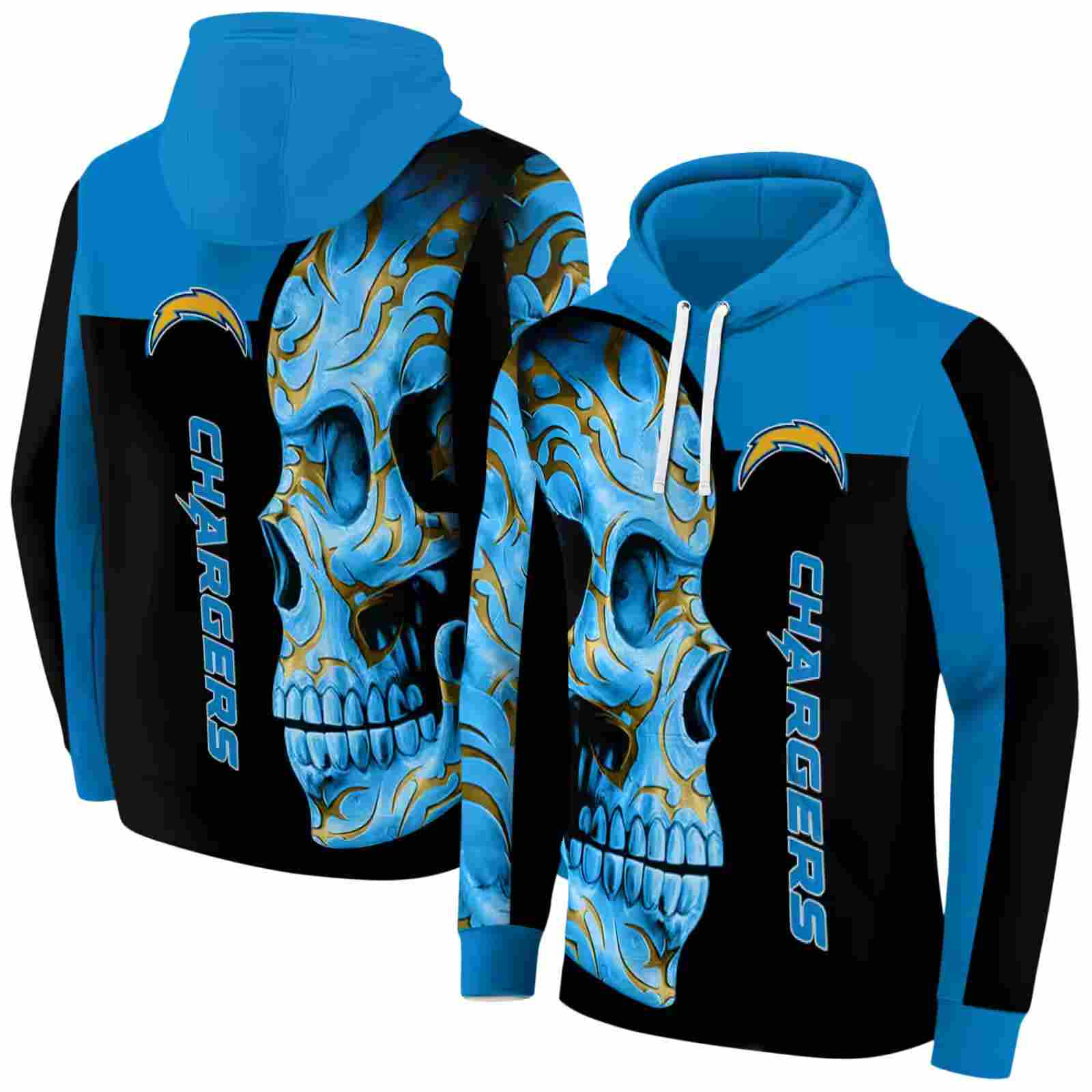 los angeles chargers skull motif blue black hoodie fashion forward