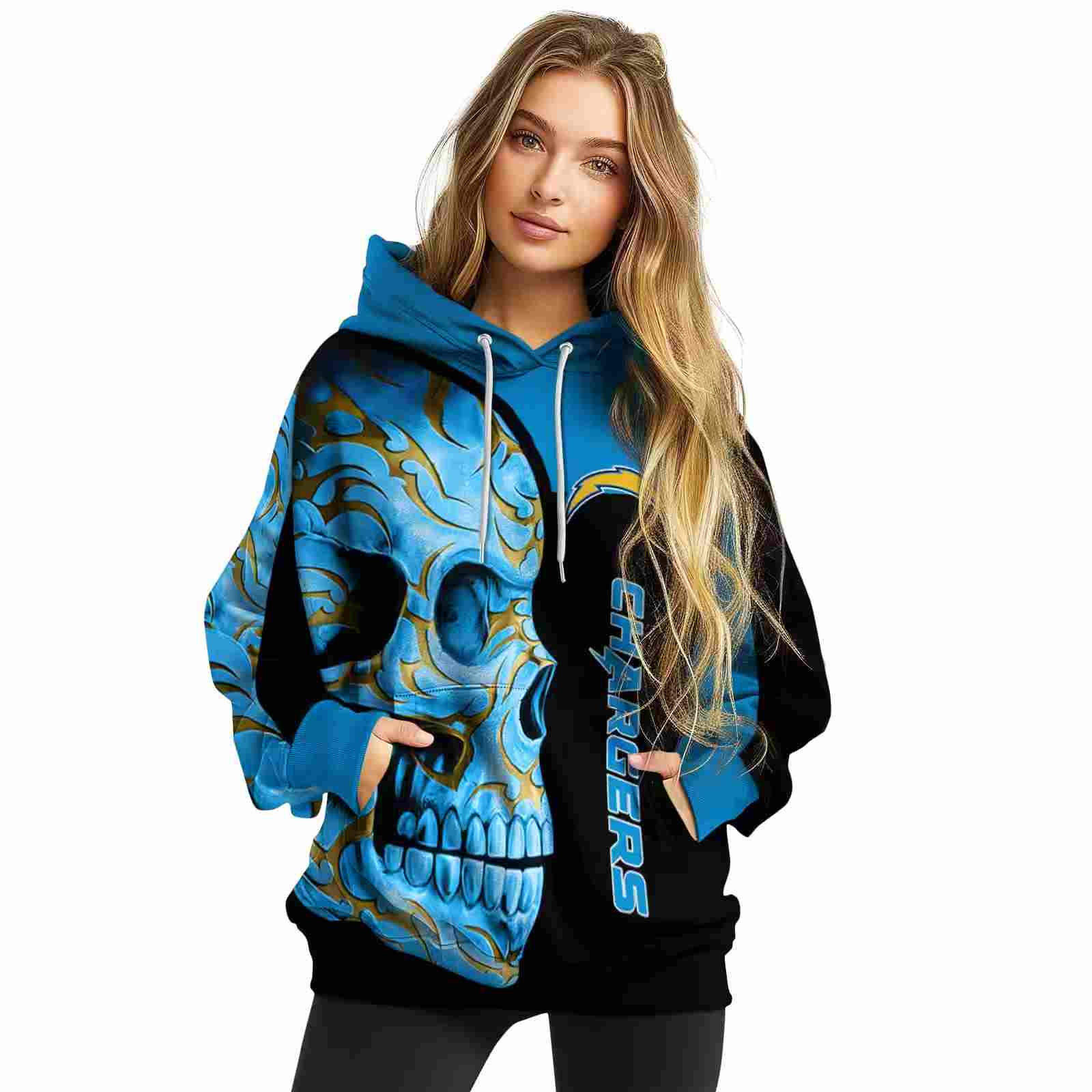 los angeles chargers skull motif blue black hoodie high quality