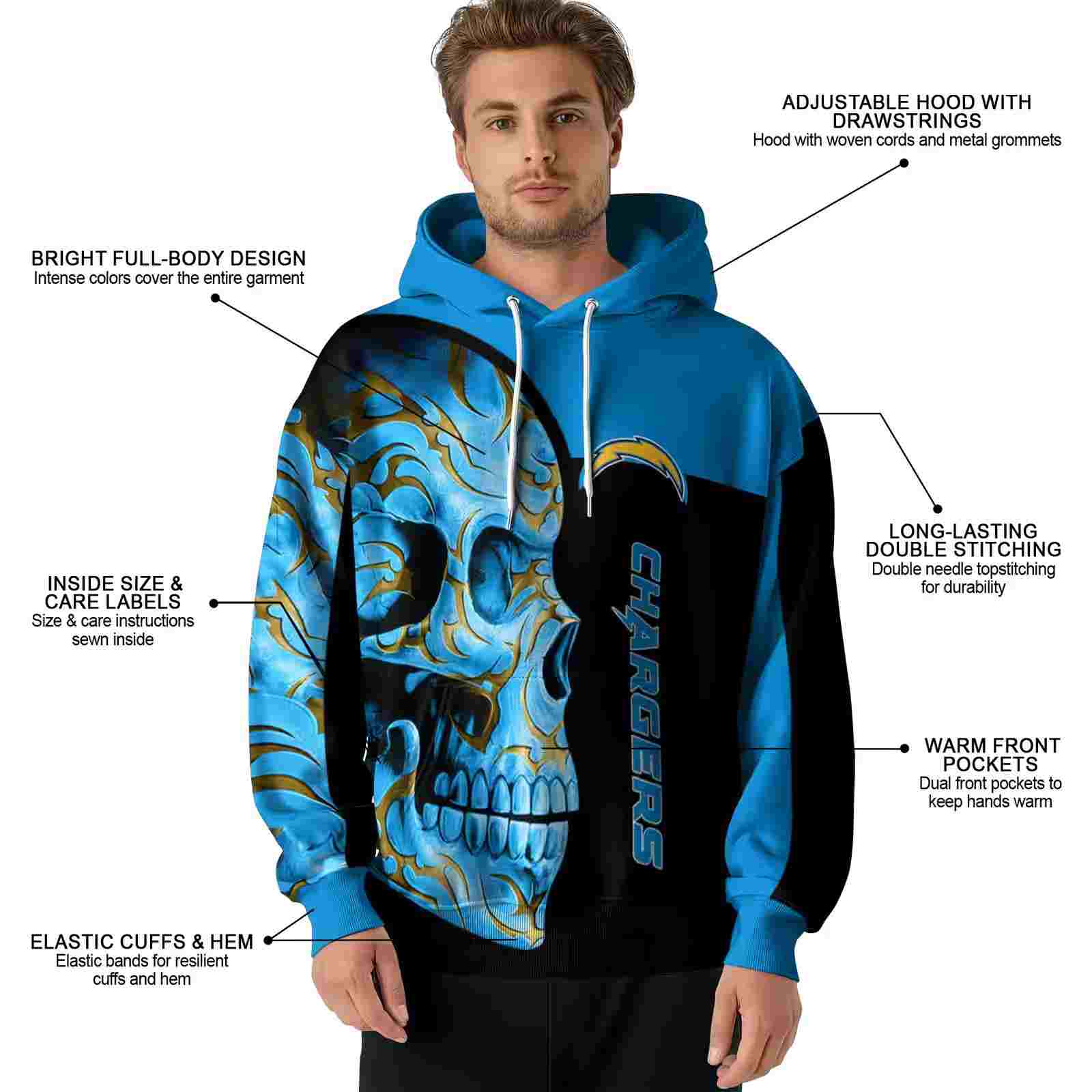 los angeles chargers skull motif blue black hoodie latest model