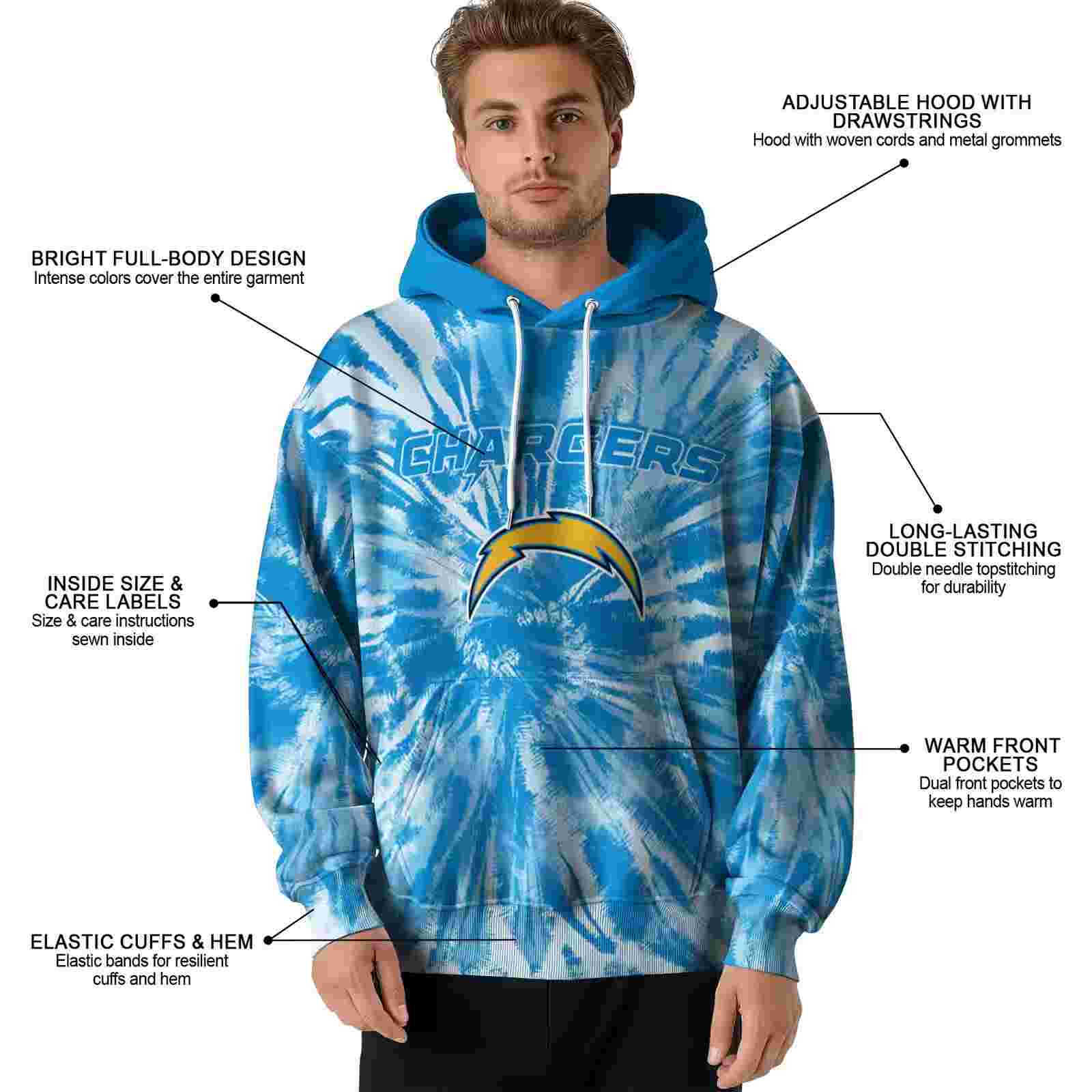 los angeles chargers tie dye pattern blue hoodie latest model