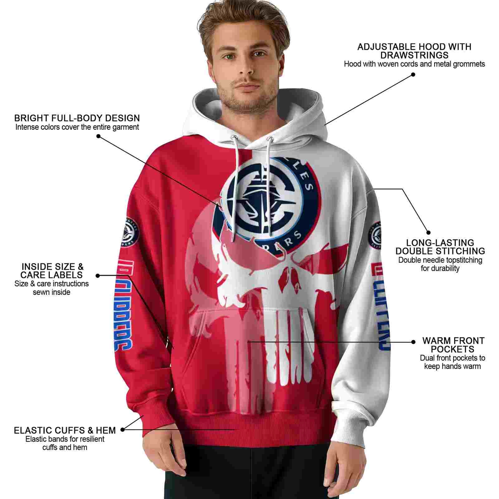 los angeles clippers graphic punisher red white hoodie latest model