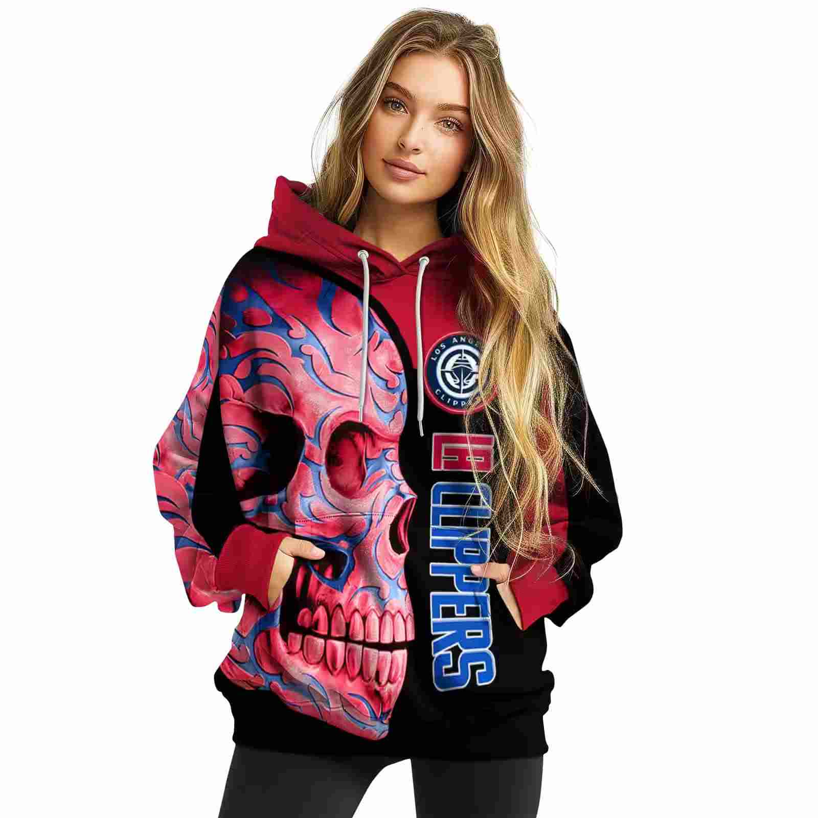 los angeles clippers skull motif red black hoodie high quality